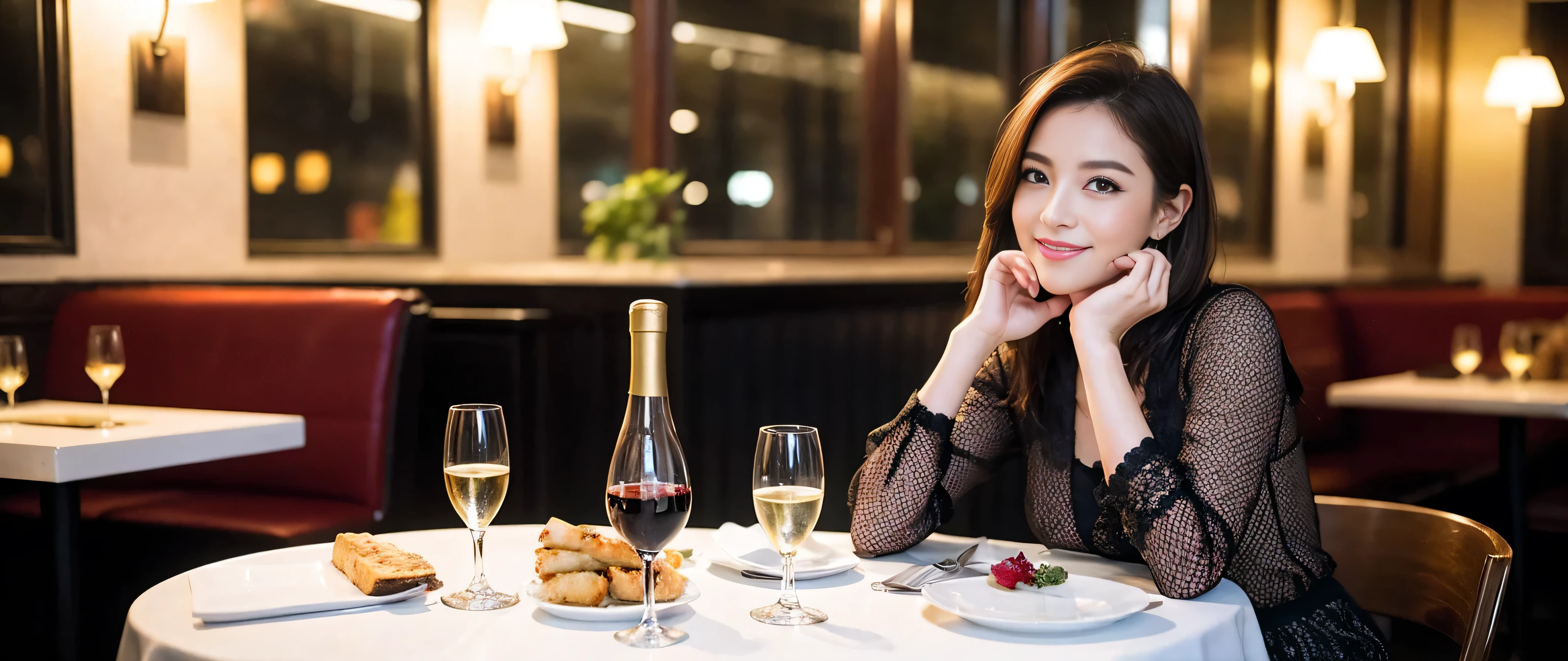 ((highest quality、8k、masterpiece:1.3))、1 male、1 female、Couple、Lovers Couple、Slim body、((Bob Hale、Straight hair:1.2))、(Realistic, Intricate details:1.2), Wine glass on the table、Put the light on your face、 Amazing view of the sunset sky and clouds、Amazing mountain views、A bright smile、A lovely woman with a smile、Bright image、Beautiful Face, blue eyes, The light shines on your face, Blushing, short hair,Bright Face、Fox face、 (40 years old), 39 years old, Lady、red wine 、Appetizers、Italian food、Wine bottle、Champagne、sparkling wine、Two beauties、Brown Hair、Shortcuts、Long sleeve shirt、dress、Pretty Woman 1, (Slim face), (The body is slim), (Brown Hair), (Shortcuts), cheeks turn a little red,Attractive beauty、, Out of the window, A beautiful and detailed night view unfolds.........., restaurant, In a prominent place (From the waist up) Nova Frog Style, actress, model, Upper Body, White wine, slim, wine glass, Wine glass placed in the center, smile, (smile: 1.15), Beautiful fine grain, Depth f/2,saturation, High Contrast, Strong light and shadow,Moist Body:1.5、3D texture、Delicate eyes、Brown Hair、The hair is very shiny、