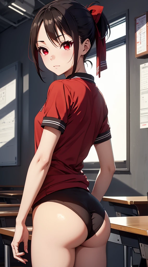 Kaguyasinomiya, Kaguya Shinomiya, folded ponytail, forehead, hair ribbon, (red eyes:1.5), red ribbon, band, Short hair, side locks, (little chest:1.2), gym uniform, Short top, legging, BREAK looks at the viewer, stands with your back to the viewer, seen from behind, ass, big ass, shows the, BREAKTHROUGH in the room, Classroom, BREAK (Masterpiece:1.2), Best Quality, High Resolution, Unity 8k Wallpaper, (illustartion:0.8), (beautiful detail eyes:1.6), extremely detailed face, perfect lighting, extremely detailed CGI, (perfect arms, perfect anatomy),