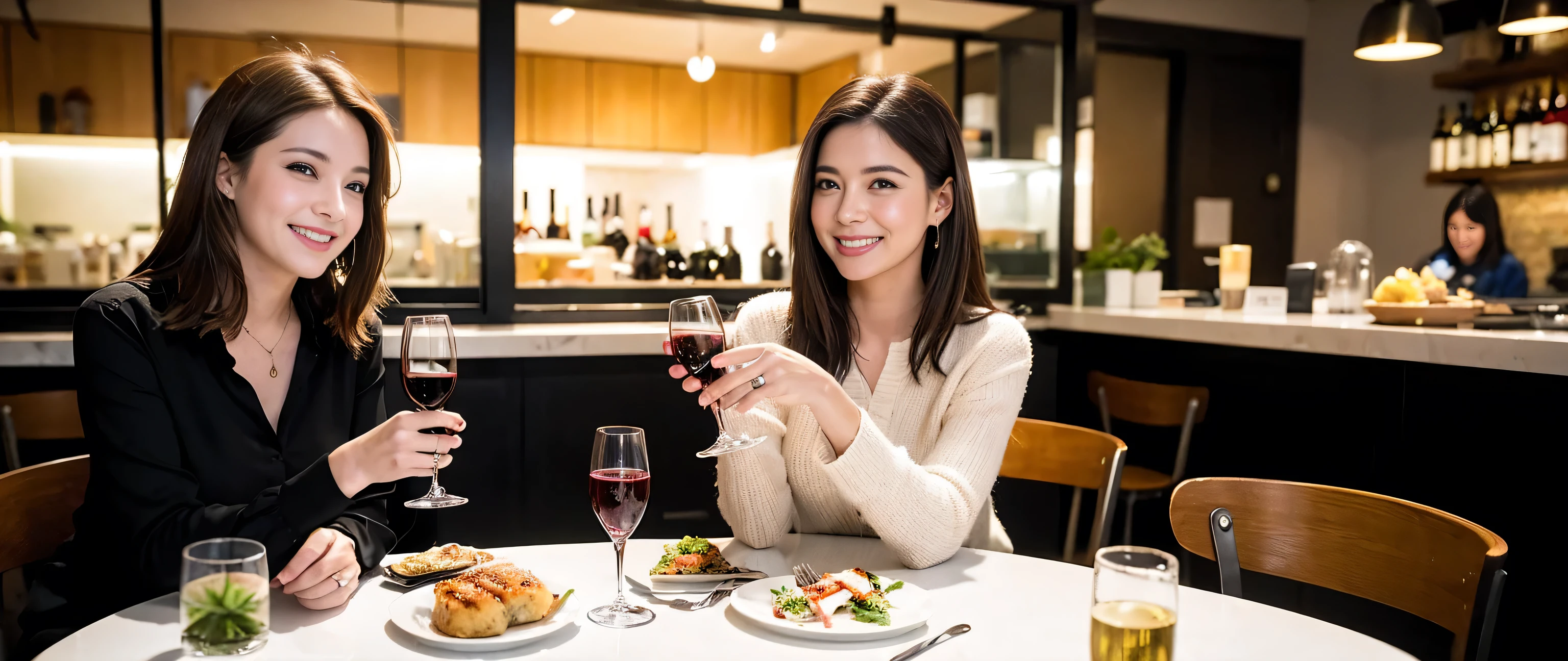 ((highest quality、8k、masterpiece:1.3))、1 male、1 female、Couple、spouse、Couple、Slim body、((Bob Hale、Straight hair:1.2)), (Realistic, Intricate details:1.2), Wine glass on the table、Shine light on your face、 Amazing view of the sunset sky and clouds、Amazing mountain views、A bright smile、The wonderfulness of smile、Bright image、The beauty of wine, Beautiful Face, blue eyes, The light shines on your face, Blushing, short hair,Bright Face、 (Age 37), 39 years old, red wine 、Appetizers、Italian food、Wine bottle、Champagne、sparkling wine、Two beauties、Brown Hair、Shortcuts、Long sleeve shirt、dress、Pretty Woman 1, (Slim face), (The body is slim), (Brown Hair), (Shortcuts), cheeks turn a little red,Attractive beauty、restaurant, In a prominent place (From the waist up) Nova Frog Style, actress, model, Upper Body, White wine, slim, wine glass, Wine glass placed in the center, smile, (smile: 1.15), Beautiful fine grain, Depth f/2,saturation, High Contrast, Strong light and shadow,Moist Body:1.5、3D texture、Delicate eyes、Brown Hair、The hair is very shiny、