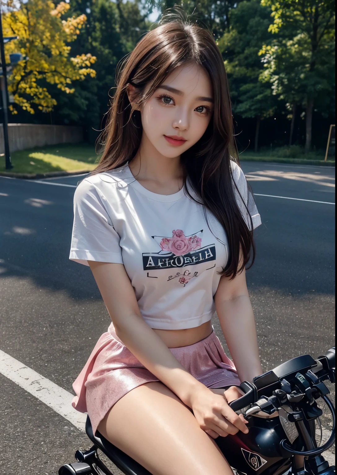 a beautiful Korean girl,1girl,beautiful detailed eyes, beautiful detailed lips, extremely detailed eyes and face, long eyelashes,(riding a 2000 MV Agusta F1 race bike),(pink bike),(silky glitter Teal colour t-shirt), tight above knee length skirt,(sitting on bike seat hand on bike handle),f1 race, photorealistic, best quality,4k,8k,highres,masterpiece:1.2,ultra-detailed,realistic,photorealistic:1.37,HDR,UHD,studio lighting, ultra-fine painting, sharp focus, physically-based rendering, extreme detail description, professional, vivid colors, concept art, stylish poses, stylish look, smile, (rose on hand), (standing), bright skin, Autumn, clear face, realistic skin, realistic face, Realistic smile, tempting eyes, Cute, cinematic composition, highly detailed, detailed beautiful face with striking eyes and lips, intricate details, professional photography, (full body shot),(smile), beautiful road, dark Colour road
