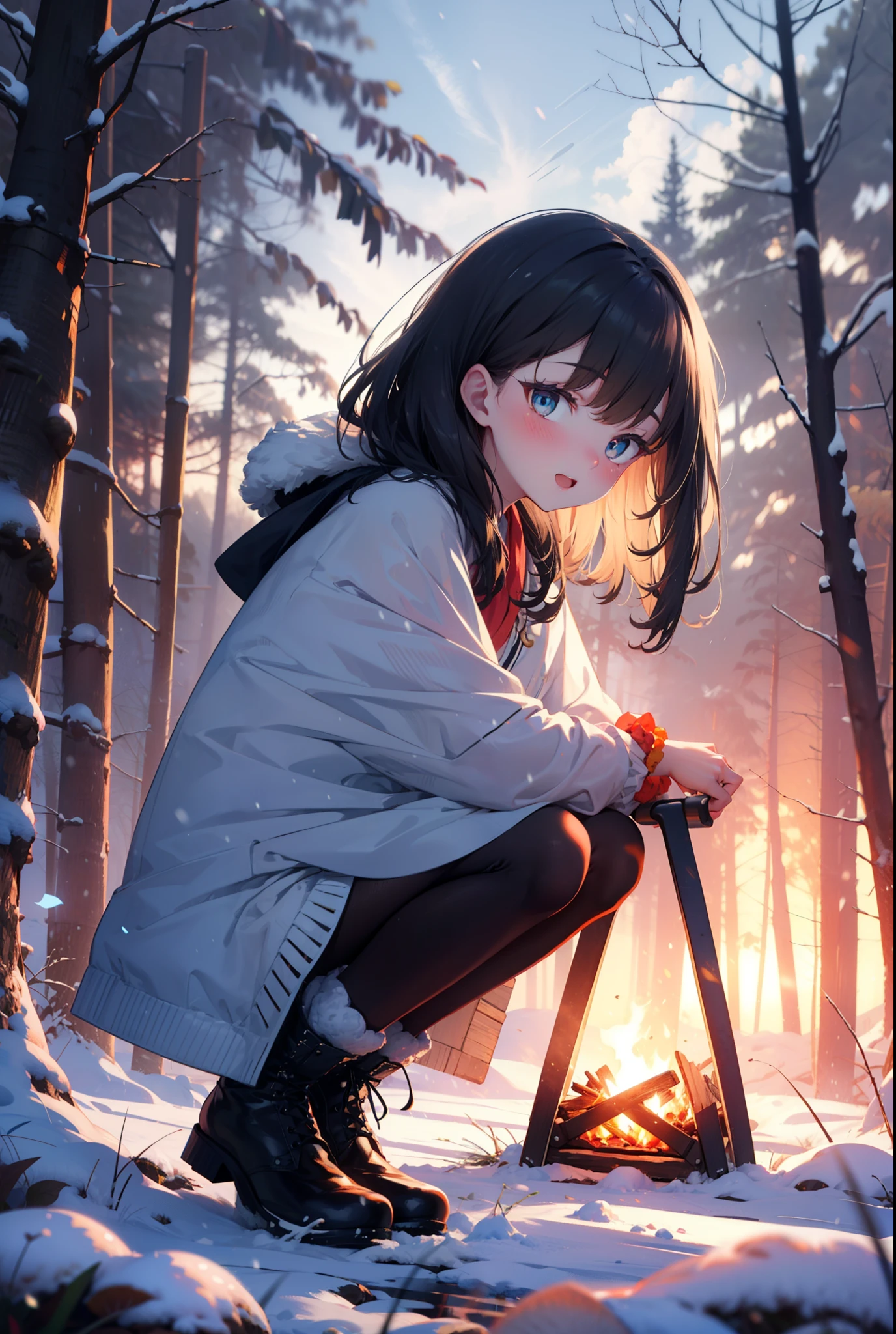 6 flowers, rikka takarada, Black Hair, blue eyes, Long Hair, orange Scrunchie, Scrunchie, wrist Scrunchie,smile,blush,White Breath,
Open your mouth,snow,Ground bonfire, Outdoor, boots, snowing, From the side, wood, suitcase, Cape, Blurred, Increase your meals, forest, White handbag, nature, Squat, Mouth closed, フードed Cape, winter, Written boundary depth, Black shoes, red Cape break looking at viewer, Upper Body, whole body, break Outdoor, forest, nature, break (masterpiece:1.2), highest quality, High resolution, unity 8k wallpaper, (shape:0.8), (Beautiful and beautiful eyes:1.6), Highly detailed face, Perfect lighting, Highly detailed CG, (Perfect hands, Perfect Anatomy),