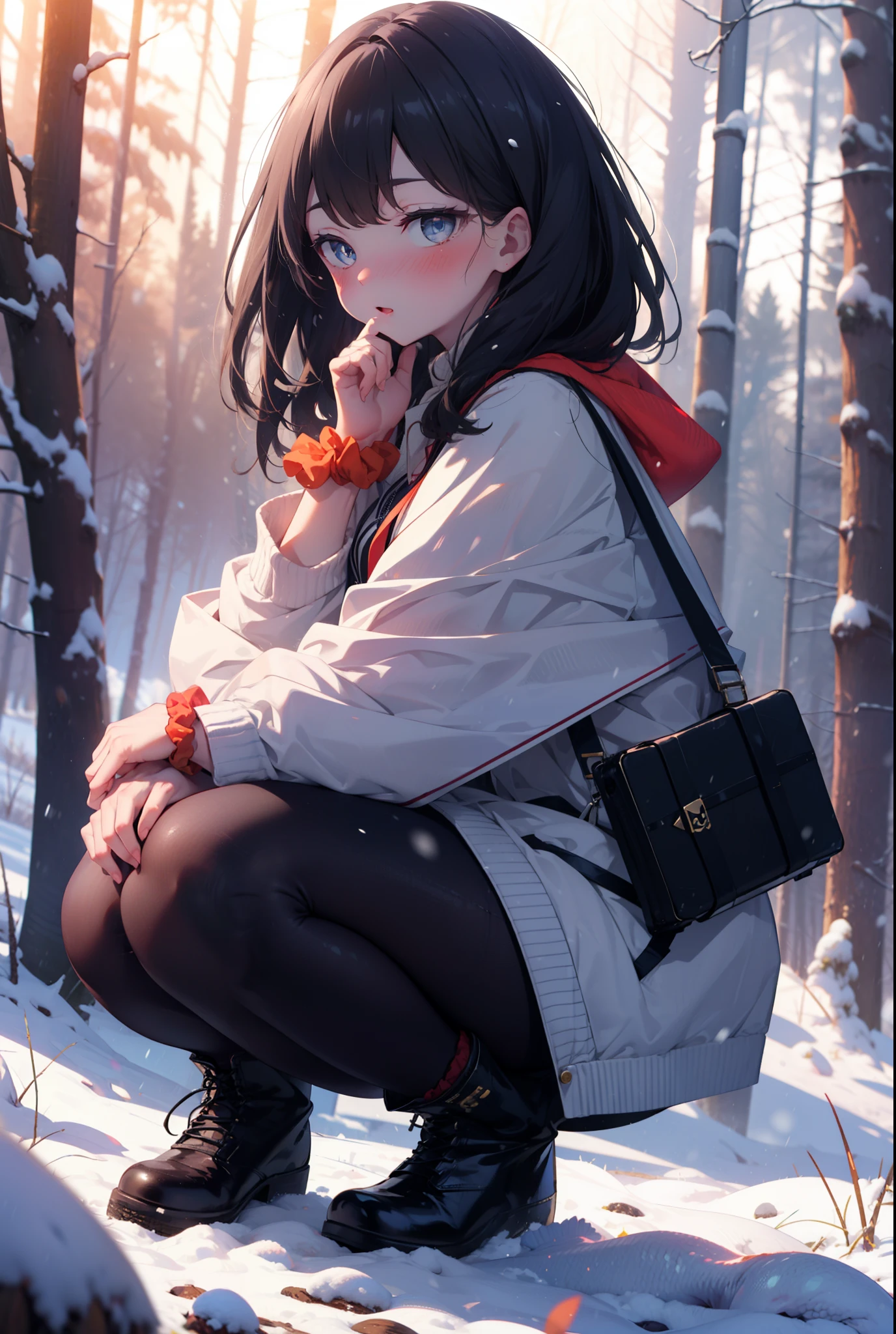 6 flowers, rikka takarada, Black Hair, blue eyes, Long Hair, orange Scrunchie, Scrunchie, wrist Scrunchie,smile,blush,White Breath,
Open your mouth,snow,Ground bonfire, Outdoor, boots, snowing, From the side, wood, suitcase, Cape, Blurred, Increase your meals, forest, White handbag, nature,  Squat, Mouth closed, フードed Cape, winter, Written boundary depth, Black shoes, red Cape break looking at viewer, Upper Body, whole body, break Outdoor, forest, nature, break (masterpiece:1.2), highest quality, High resolution, unity 8k wallpaper, (shape:0.8), (Beautiful and beautiful eyes:1.6), Highly detailed face, Perfect lighting, Highly detailed CG, (Perfect hands, Perfect Anatomy),