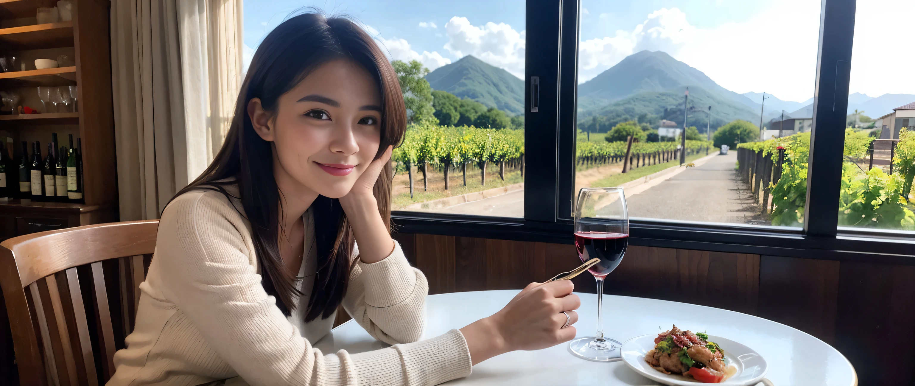 ((highest quality、8k、masterpiece:1.3))、1 male、1 female、Couple、spouse、Couple、Slim body、((Bob Hale、Straight hair:1.2)), (Realistic, Intricate details:1.2), Wine glass on the table、Shine light on your face、 Amazing view of the sunset sky and clouds、Amazing mountain views、A bright smile、The wonderfulness of smile、Bright image、The beauty of wine, Beautiful Face, blue eyes, The light shines on your face, Blushing, short hair,Bright Face、 (Age 37), 39 years old, red wine 、Appetizers、Italian food、Wine bottle、Champagne、sparkling wine、Two beauties、Brown Hair、Shortcuts、Long sleeve shirt、dress、Pretty Woman 1, (Slim face), (The body is slim), (Brown Hair), (Shortcuts), cheeks turn a little red,Attractive beauty、restaurant, In a prominent place (From the waist up) Nova Frog Style, actress, model, Upper Body, White wine, slim, wine glass, Wine glass placed in the center, smile, (smile: 1.15), Beautiful fine grain, Depth f/2,saturation, High Contrast, Strong light and shadow,Moist Body:1.5、3D texture、Delicate eyes、Brown Hair、The hair is very shiny、