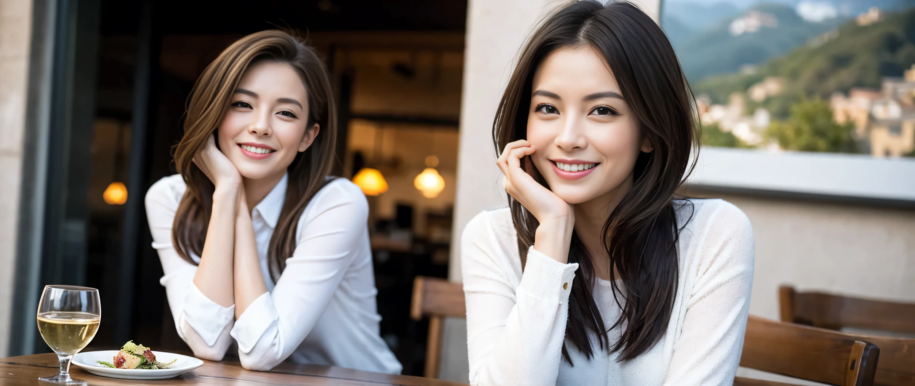 ((highest quality、8k、masterpiece:1.3))、1 male、1 female、Couple、spouse、Couple、Slim body、((Bob Hale、Straight hair:1.2)), (Realistic, Intricate details:1.2), Wine glass on the table、Shine light on your face、 Amazing view of the sunset sky and clouds、Amazing mountain views、A bright smile、The wonderfulness of smile、Bright image、The beauty of wine, Beautiful Face, blue eyes, The light shines on your face, Blushing, short hair,Bright Face、 (Age 37), 39 years old, red wine 、Appetizers、Italian food、Wine bottle、Champagne、sparkling wine、Two beauties、Brown Hair、Shortcuts、Long sleeve shirt、dress、Pretty Woman 1, (Slim face), (The body is slim), (Brown Hair), (Shortcuts), cheeks turn a little red,Attractive beauty、restaurant, In a prominent place (From the waist up) Nova Frog Style, actress, model, Upper Body, White wine, slim, wine glass, Wine glass placed in the center, smile, (smile: 1.15), Beautiful fine grain, Depth f/2,saturation, High Contrast, Strong light and shadow,Moist Body:1.5、3D texture、Delicate eyes、Brown Hair、The hair is very shiny、