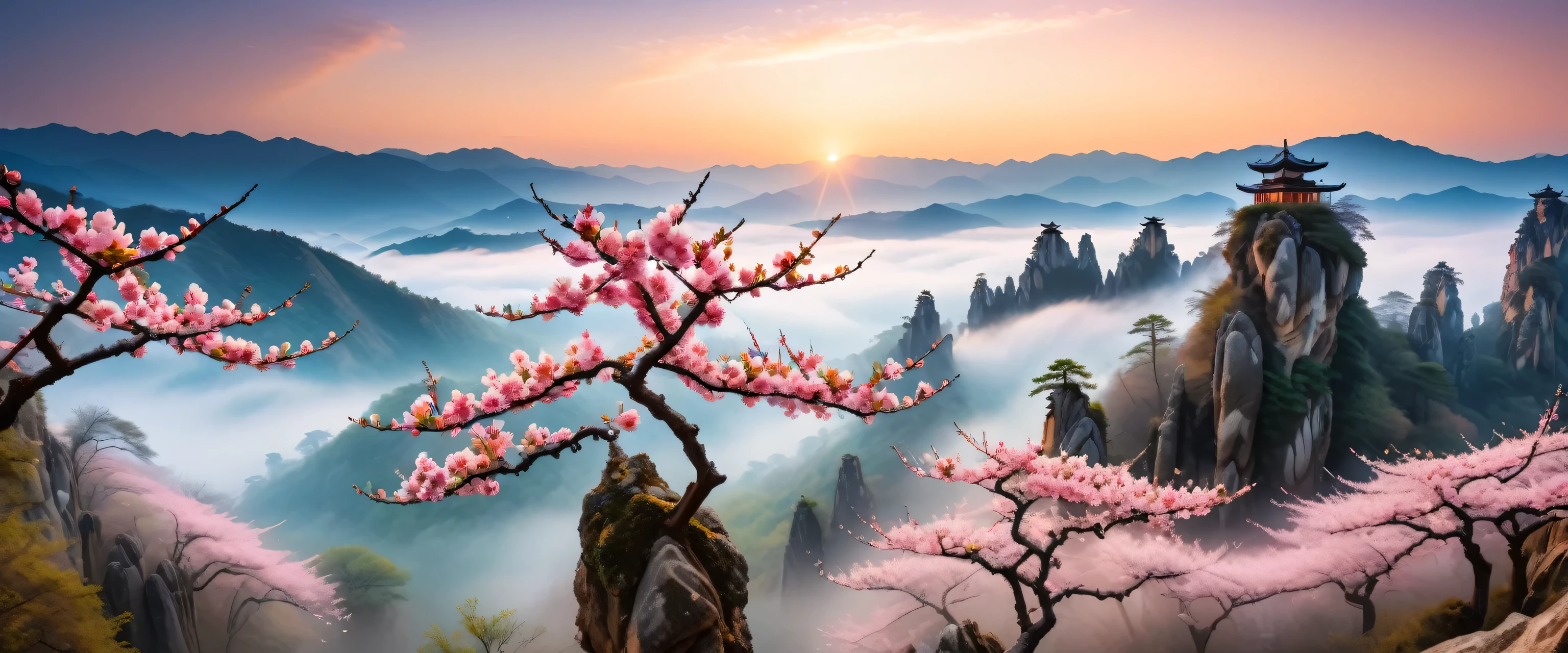 Black and White Photography,Stereoscopic photography,Large depth of field,High Definition,Scenery photography,National Geographic award-winning works,8k,George Digarakis,peach,(Exquisite big peach blossom),(Peach blossom close-up),Flying peach blossoms,Full of peach blossoms,(溪Running Water),(Running Water)(Odd-shaped tree trunks and branches),Strange Stone Forest,(fog),(Big fog),Layer upon layer of mountains,Cool and warm colors,(RAW photos,best quality),(Reality,Photo reality:1.3),masterpiece,Extremely beautiful,high resolution,The original,Perfect lighting,(RAW photos,Best quality),(reality,Photo reality:1.3),masterpiece,Extremely exquisite and beautiful,high resolution,Original,Perfect lighting,(Extremely detailed CG:1.2),Unite,2k wallpaper,Amazing,Fine details