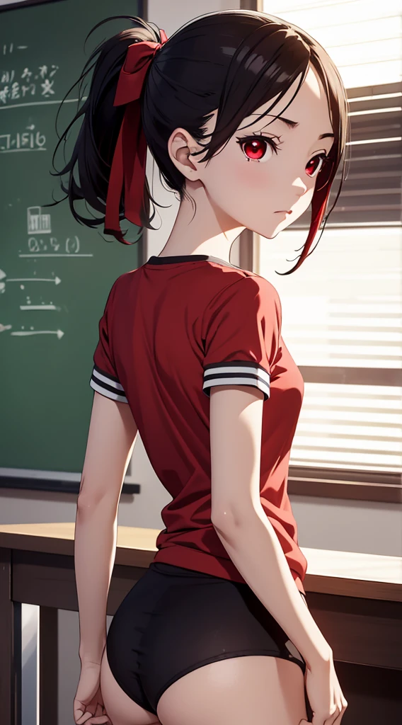 Kaguyasinomiya, Kaguya Shinomiya, folded ponytail, forehead, hair ribbon, (red eyes:1.5), red ribbon, band, Short hair, side locks, (little chest:1.2), gym uniform, Short top, legging, BREAK looks at the viewer, stands with your back to the viewer, seen from behind, ass, big ass, shows the, BREAKTHROUGH in the room, Classroom, BREAK (Masterpiece:1.2), Best Quality, High Resolution, Unity 8k Wallpaper, (illustartion:0.8), (beautiful detail eyes:1.6), extremely detailed face, perfect lighting, extremely detailed CGI, (perfect arms, perfect anatomy),