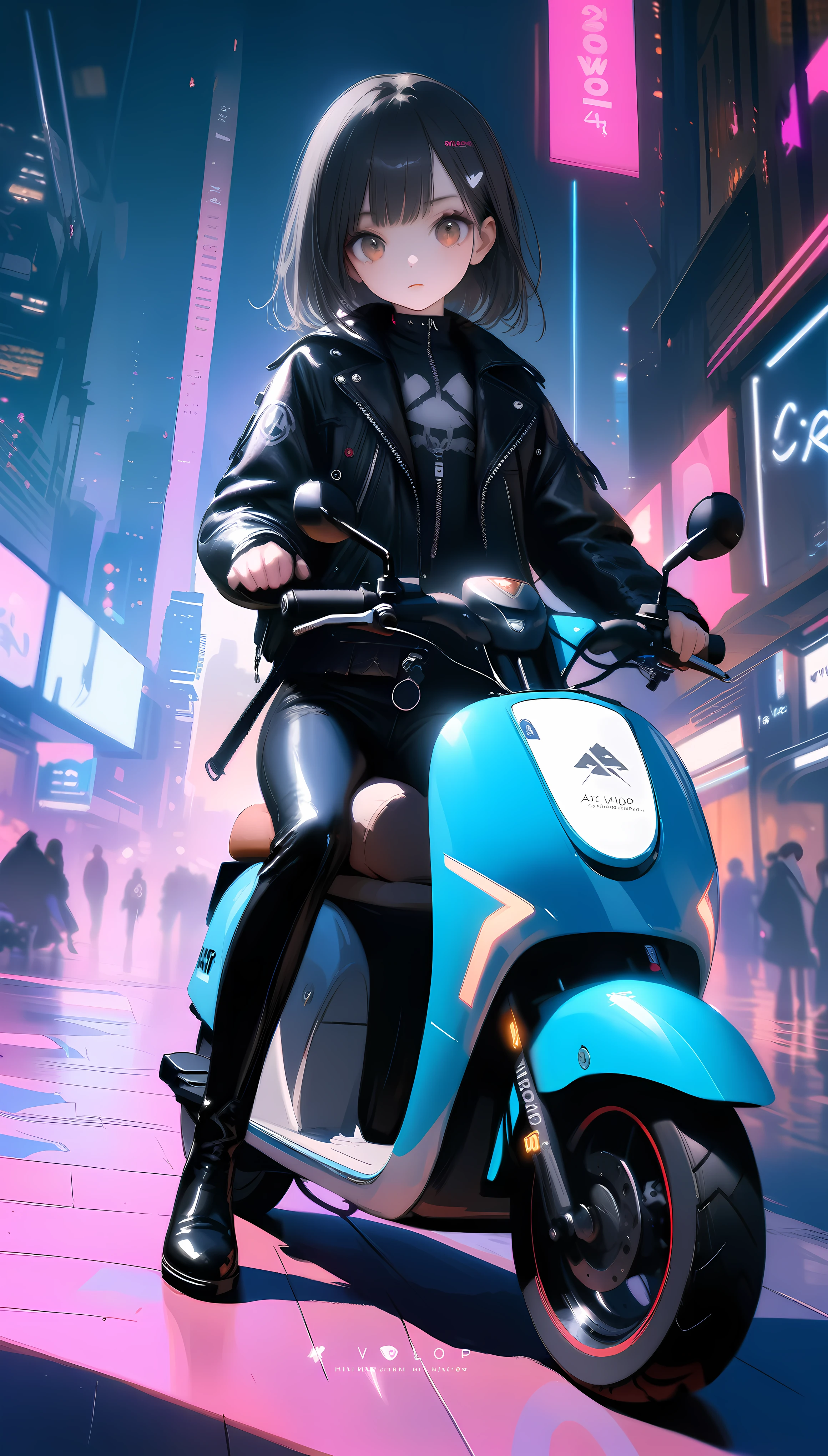 [artist:ningen_mame],[artist:sho_(sho_lwlw)],[artist:mignon],[artist:kedama milk],[artist:ask_(askzy)],artist:wanke,artist:wlop,artist:fujiyama,year 2024,8k,cyberpunk style,1girl,(Miyu Edelfelt),black hair,brown eyes,small chest,Tight leather jacket and leather pants cover the whole body,High-heeled leather boots,riding electric scooter,Beautiful,Glowing special effects,celluloid style,Flat coating,HD,CG art,comics,8K,looking into camera,high quality,illustration,Vaporwave style,rim light,movie lighting,Super detailed,complex,OC renderer,cinematic perspective,high resolution