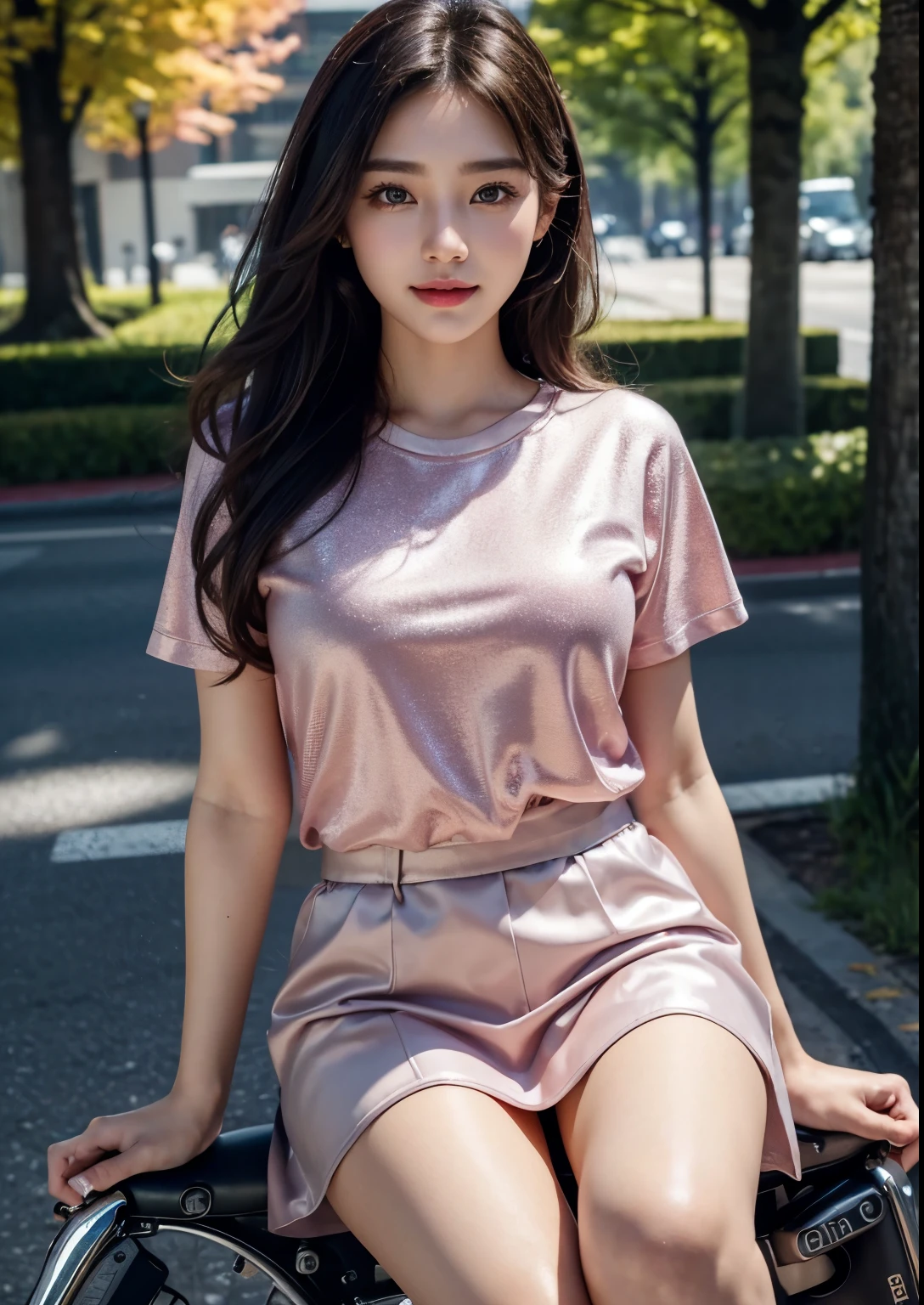 a beautiful Korean girl,1girl,beautiful detailed eyes, beautiful detailed lips, extremely detailed eyes and face, long eyelashes,(riding a Norton V4 SV bike),(pink bike),(silky glitter Magenta colour t-shirt), tight above knee length skirt,(sitting on bike seat hand on bike handle),f1 race, photorealistic, best quality,4k,8k,highres,masterpiece:1.2,ultra-detailed,realistic,photorealistic:1.37,HDR,UHD,studio lighting, ultra-fine painting, sharp focus, physically-based rendering, extreme detail description, professional, vivid colors, concept art, stylish poses, stylish look, smile, (rose on hand), (standing), bright skin, Autumn, clear face, realistic skin, realistic face, Realistic smile, tempting eyes, Cute, cinematic composition, highly detailed, detailed beautiful face with striking eyes and lips, intricate details, professional photography, (full body shot),(smile), beautiful road, dark Colour road, standing, one hand on hair