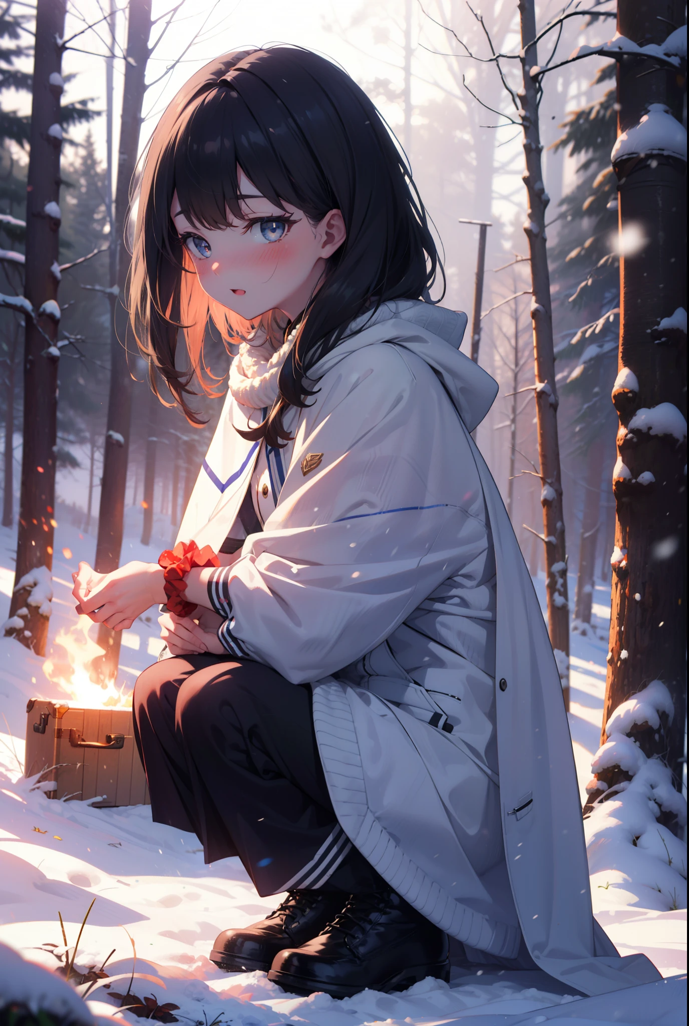 6 flowers, rikka takarada, Black Hair, blue eyes, Long Hair, orange Scrunchie, Scrunchie, wrist Scrunchie,smile,blush,White Breath,
Open your mouth,snow,Ground bonfire, Outdoor, boots, snowing, From the side, wood, suitcase, Cape, Blurred, Increase your meals, forest, White handbag, nature,  Squat, Mouth closed, フードed Cape, winter, Written boundary depth, Black shoes, red Cape break looking at viewer, Upper Body, whole body, break Outdoor, forest, nature, break (masterpiece:1.2), highest quality, High resolution, unity 8k wallpaper, (shape:0.8), (Beautiful and beautiful eyes:1.6), Highly detailed face, Perfect lighting, Highly detailed CG, (Perfect hands, Perfect Anatomy),