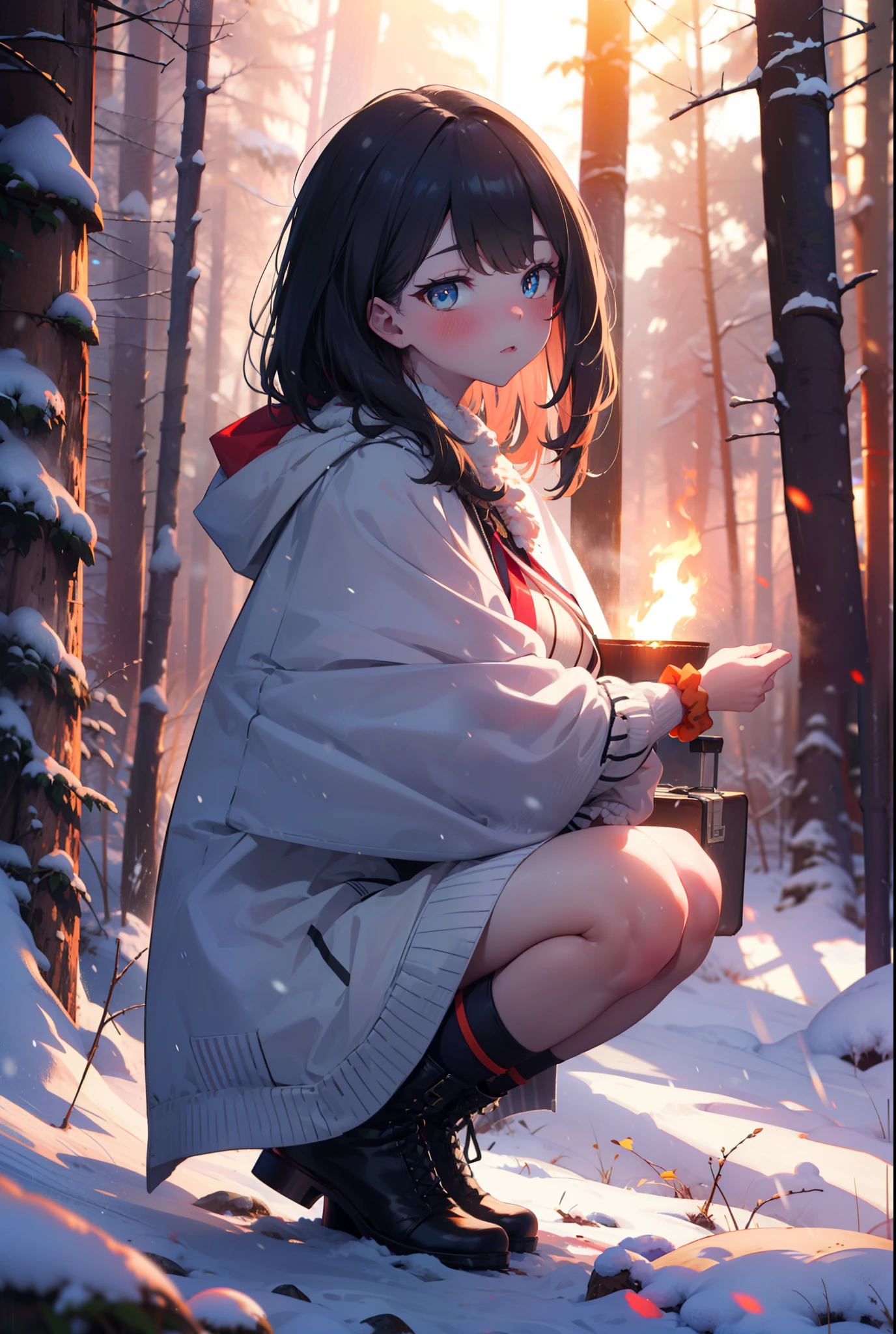 6 flowers, rikka takarada, Black Hair, blue eyes, Long Hair, orange Scrunchie, Scrunchie, wrist Scrunchie,smile,blush,White Breath,
Open your mouth,snow,Ground bonfire, Outdoor, boots, snowing, From the side, wood, suitcase, Cape, Blurred, Increase your meals, forest, White handbag, nature,  Squat, Mouth closed, フードed Cape, winter, Written boundary depth, Black shoes, red Cape break looking at viewer, Upper Body, whole body, break Outdoor, forest, nature, break (masterpiece:1.2), highest quality, High resolution, unity 8k wallpaper, (shape:0.8), (Beautiful and beautiful eyes:1.6), Highly detailed face, Perfect lighting, Highly detailed CG, (Perfect hands, Perfect Anatomy),