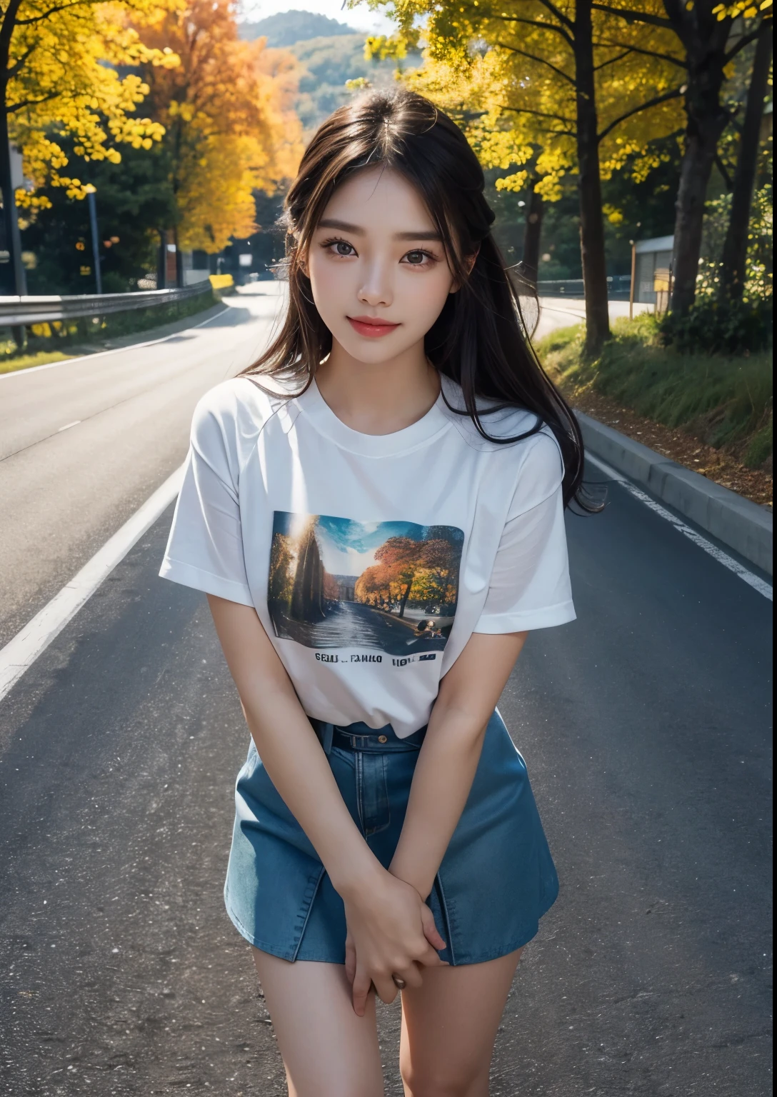 a beautiful Korean girl,1girl,beautiful detailed eyes, beautiful detailed lips, extremely detailed eyes and face, long eyelashes,(silky glitter seafoam colour t-shirt), tight above knee length skirt, standing in front of Norton V4 SV bike,f1 race bike, photorealistic, best quality,4k,8k,highres,masterpiece:1.2,ultra-detailed,realistic,photorealistic:1.37,HDR,UHD,studio lighting, ultra-fine painting, sharp focus, physically-based rendering, extreme detail description, professional, vivid colors, concept art, stylish poses, stylish look, smile, (standing), bright skin, Autumn, clear face, realistic skin, realistic face, Realistic smile, tempting eyes, Cute, cinematic composition, highly detailed, detailed beautiful face with striking eyes and lips, intricate details, professional photography, (full body shot),(smile), beautiful road, dark Colour road, standing, one hand on hair, Autumn tree beside road, colour full trees beside road