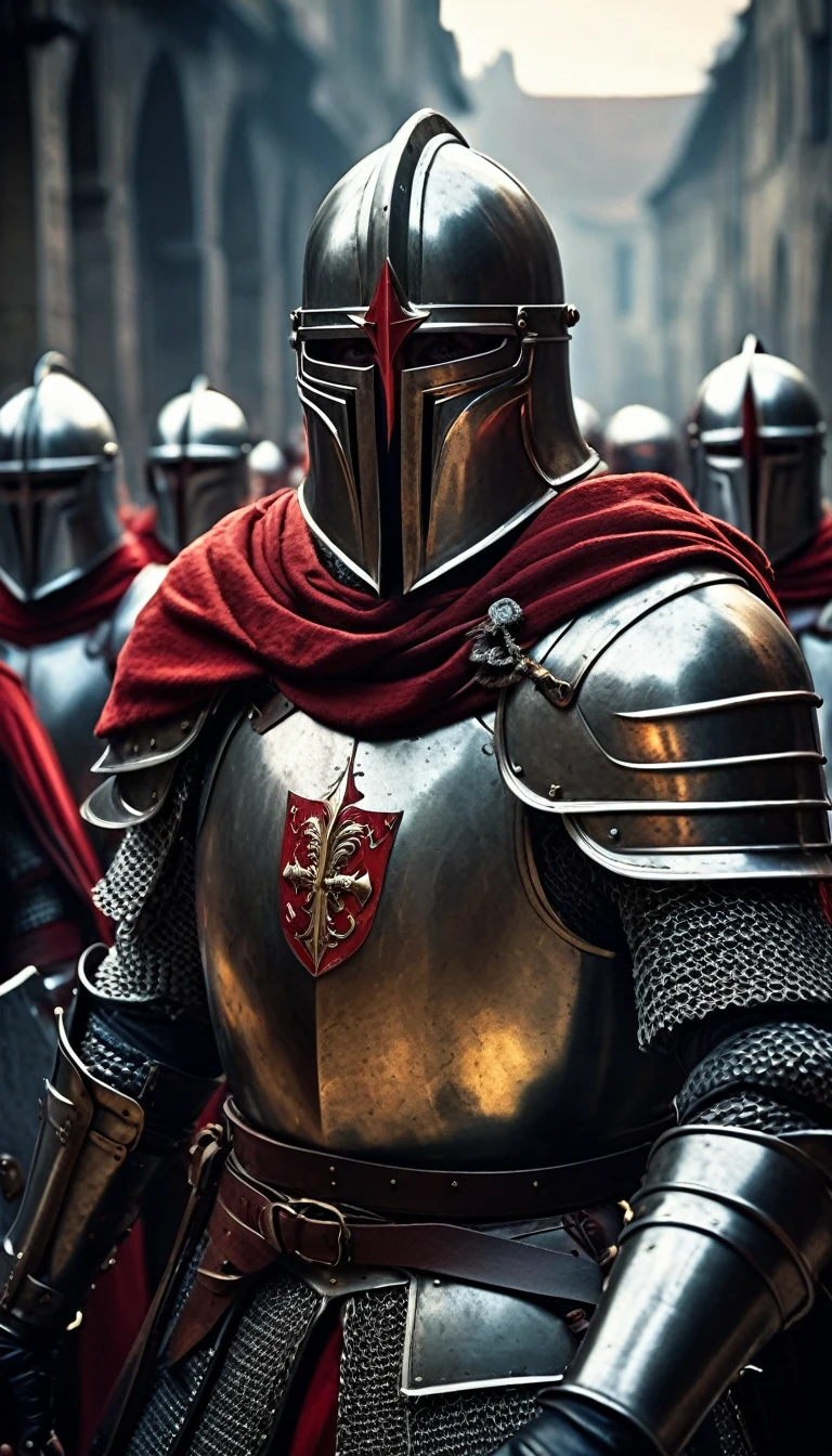 a group of knights donned in full armor and adorned with striking red capes finds themselves in the midst of a dramatic battle. Armed with powerful maschinengewehr weapons, these valiant templars face off against a horde of possessed politicians, locked in a fierce struggle for supremacy and control,
digital UHD (k) image, cinematic film still dramatic side lighting, dramatic intense stare closeup portrait,  hdr,  shallow depth of field, vignette, highly detailed, high budget Hollywood film, cinemascope, moody, epic, gorgeous
, Highly detailed and clean, Photorealistic and cinematic masterpiece, professional photography, realistic, realism, 200k , Raytracing and light effect , gold magic, gold efect, digital, perfect composition, beautiful detailed intricate insanely detailed octane render trending on artstation, 8 k artistic photography, photorealistic concept art, soft natural volumetric cinematic perfect light, award - winning photograph, masterpiece, raphael, caravaggio, greg rutkowski, beeple, beksinski, giger