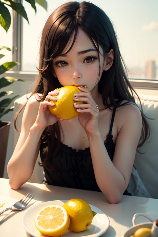 (masterpiece, best quality), 1girl, Lemon Messy Bun with Wispy Side Bangs, Size G breasts,   <lora:high_heels_shoe_dangle_24re_1:0.8> high heels shoe dangle