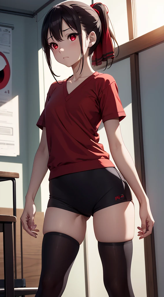 Kaguyasinomiya, Kaguya Shinomiya, folded ponytail, forehead, hair ribbon, (red eyes:1.5), red ribbon, band, Short hair, side locks, (little chest:1.2), gym uniform, Short top, legging, BREAK looks at the viewer, stands with your back to the viewer, seen from behind, ass, big ass, shows the, BREAKTHROUGH in the room, Classroom, BREAK (Masterpiece:1.2), Best Quality, High Resolution, Unity 8k Wallpaper, (illustartion:0.8), (beautiful detail eyes:1.6), extremely detailed face, perfect lighting, extremely detailed CGI, (perfect arms, perfect anatomy),