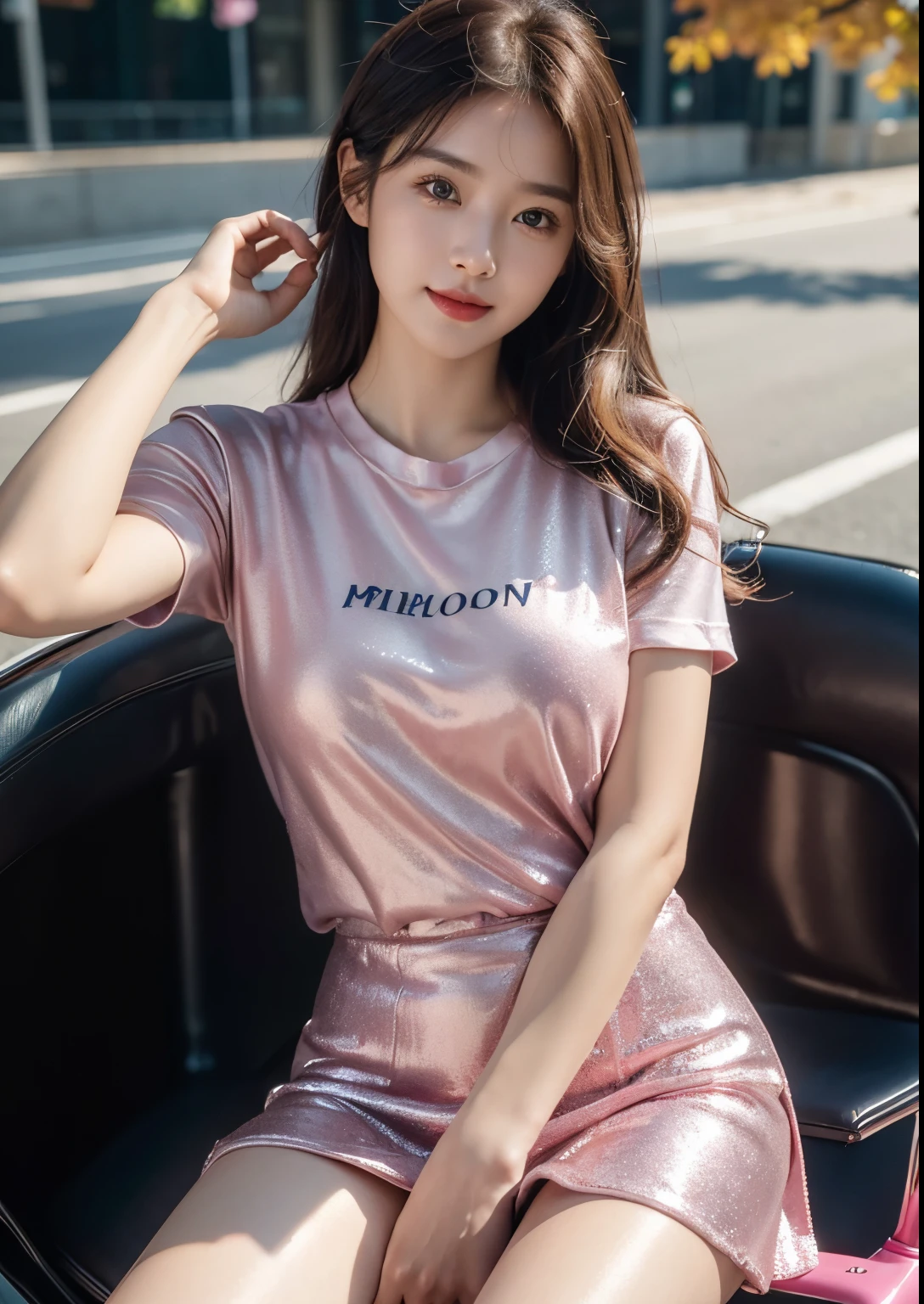 a beautiful Korean girl,1girl,beautiful detailed eyes, beautiful detailed lips, extremely detailed eyes and face, long eyelashes,(riding a Norton V4 SV bike),(pink bike),(silky glitter Magenta colour t-shirt), tight above knee length skirt,(sitting on bike seat hand on bike handle),f1 race, photorealistic, best quality,4k,8k,highres,masterpiece:1.2,ultra-detailed,realistic,photorealistic:1.37,HDR,UHD,studio lighting, ultra-fine painting, sharp focus, physically-based rendering, extreme detail description, professional, vivid colors, concept art, stylish poses, stylish look, smile, (rose on hand), (standing), bright skin, Autumn, clear face, realistic skin, realistic face, Realistic smile, tempting eyes, Cute, cinematic composition, highly detailed, detailed beautiful face with striking eyes and lips, intricate details, professional photography, (full body shot),(smile), beautiful road, dark Colour road, standing, one hand on hair