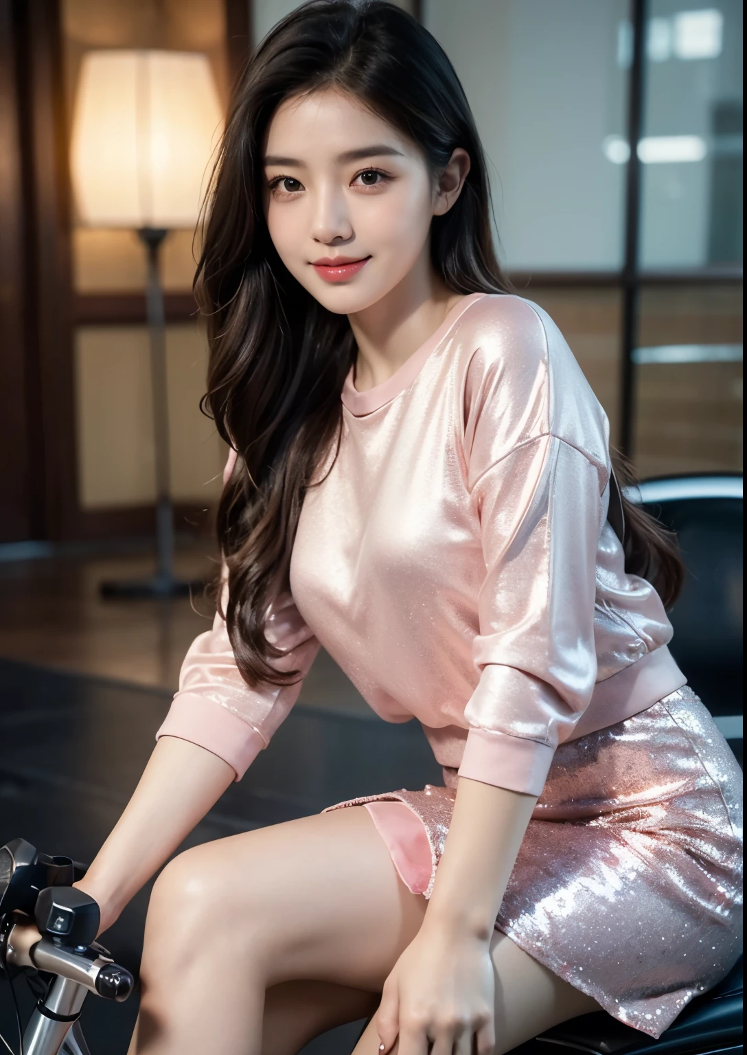 a beautiful Korean girl,1girl,beautiful detailed eyes, beautiful detailed lips, extremely detailed eyes and face, long eyelashes,(riding a Norton V4 SV bike),(pink bike),(silky glitter Magenta colour t-shirt), tight above knee length skirt,(sitting on bike seat hand on bike handle),f1 race, photorealistic, best quality,4k,8k,highres,masterpiece:1.2,ultra-detailed,realistic,photorealistic:1.37,HDR,UHD,studio lighting, ultra-fine painting, sharp focus, physically-based rendering, extreme detail description, professional, vivid colors, concept art, stylish poses, stylish look, smile, (rose on hand), (standing), bright skin, Autumn, clear face, realistic skin, realistic face, Realistic smile, tempting eyes, Cute, cinematic composition, highly detailed, detailed beautiful face with striking eyes and lips, intricate details, professional photography, (full body shot),(smile), beautiful road, dark Colour road, standing, one hand on hair