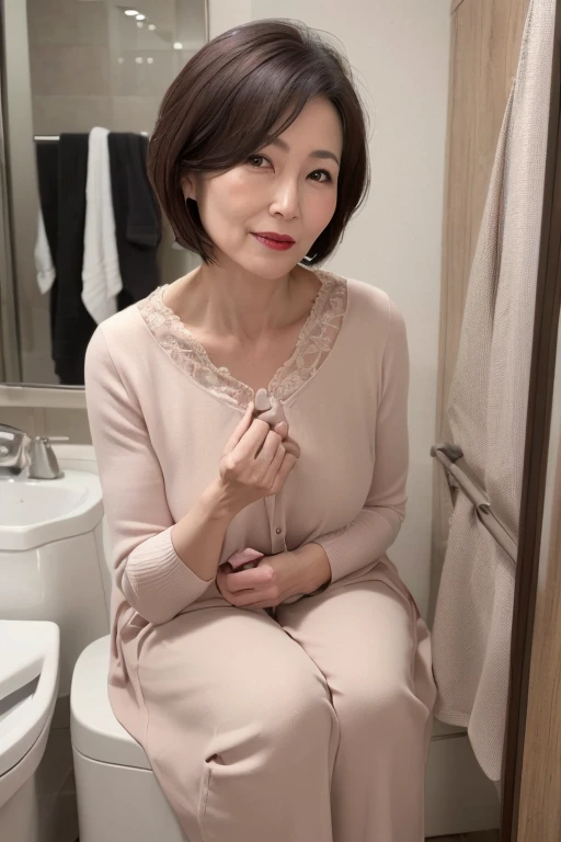 a mature, beautiful japanese woman in her 50s, in anti-gravity environment, small bust, full body focus, delicate lines, beautiful lips wearing red lipstick, bob haircut, (best quality,8k,highres,ultra-detailed,photorealistic:1.37),(mature woman,lady,mature female,55 year old married woman), kissing a young man, bathroom