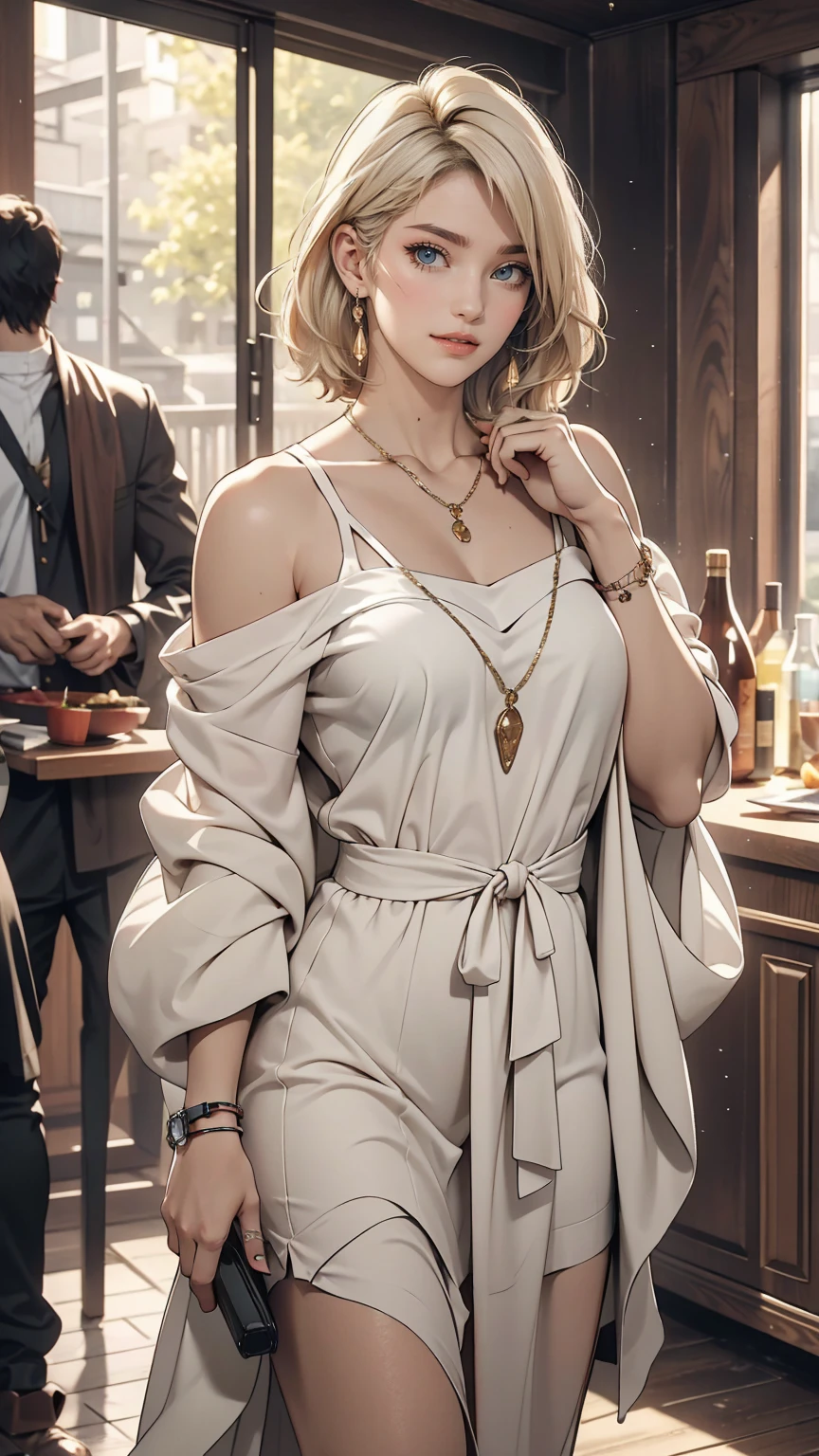 (8K, RAW Photos, highest quality, masterpiece:1.2), (Realistic, photo-Realistic:1.37)、Venus Body、Having her hair done、My chest is popping out、Wear accessories on your wrist、Wearing accessories on the ankle、smile、White woman、Platinum Blonde、blue eyes、Two Side Up((hair two side up))、Wear a sheer off-the-shoulder dress、Wear mules、smile