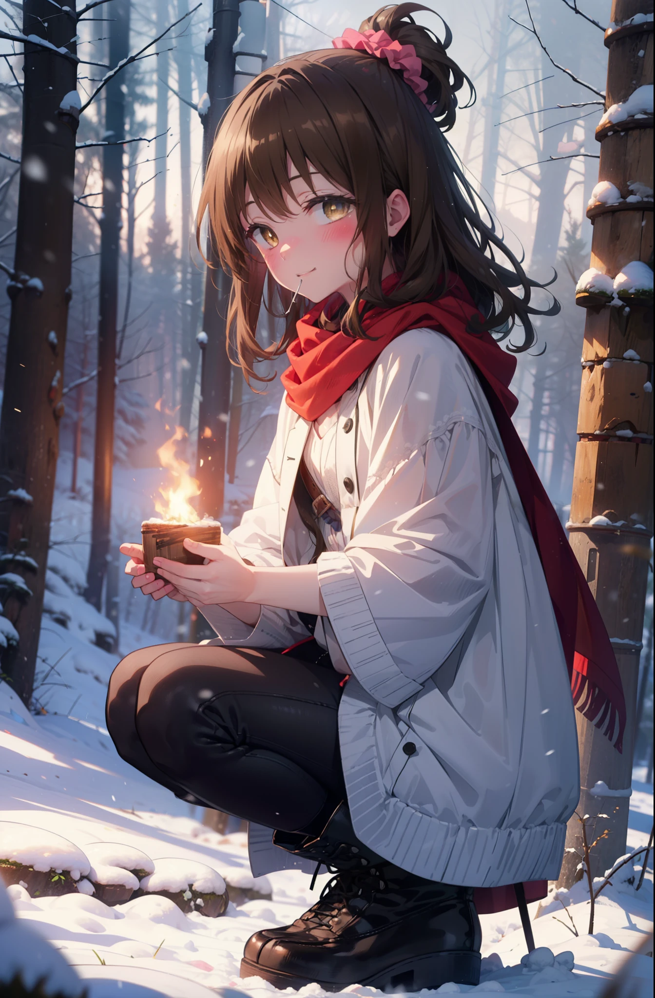 Follow Us, Yuki mandarin orange, (Brown eyes:1.5), Brown Hair, hair ornaments, hair Scrunchie, Long Hair, pink Scrunchie, Scrunchie, (Flat Chest:1.2),smile,,smile,blush,White Breath,
Open your mouth,snow,Ground bonfire, Outdoor, boots, snowing, From the side, wood, suitcase, Cape, Blurred, , forest, White handbag, nature,  Squat, Mouth closed, Cape, winter, Written boundary depth, Black shoes, red Cape break looking at viewer, Upper Body, whole body, break Outdoor, forest, nature, break (masterpiece:1.2), highest quality, High resolution, unity 8k wallpaper, (shape:0.8), (Beautiful and beautiful eyes:1.6), Highly detailed face, Perfect lighting, Extremely detailed CG, (Perfect hands, Perfect Anatomy),