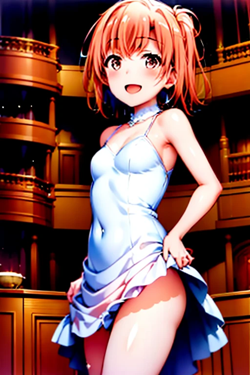 ((highest quality)), ((masterpiece)), (be familiar with), Perfect Face, indoor, Bedroom, Watching the audience,
One woman, Yuigahama Yui,
Open Mouth, Ecstatic expression, blush, smile,
Small breasts, Flat Chest, Young Girl, , , Girl,
Short Hair, Salmon-colored hair, Salmon-colored eyes, Side Pony,
Leg spread,