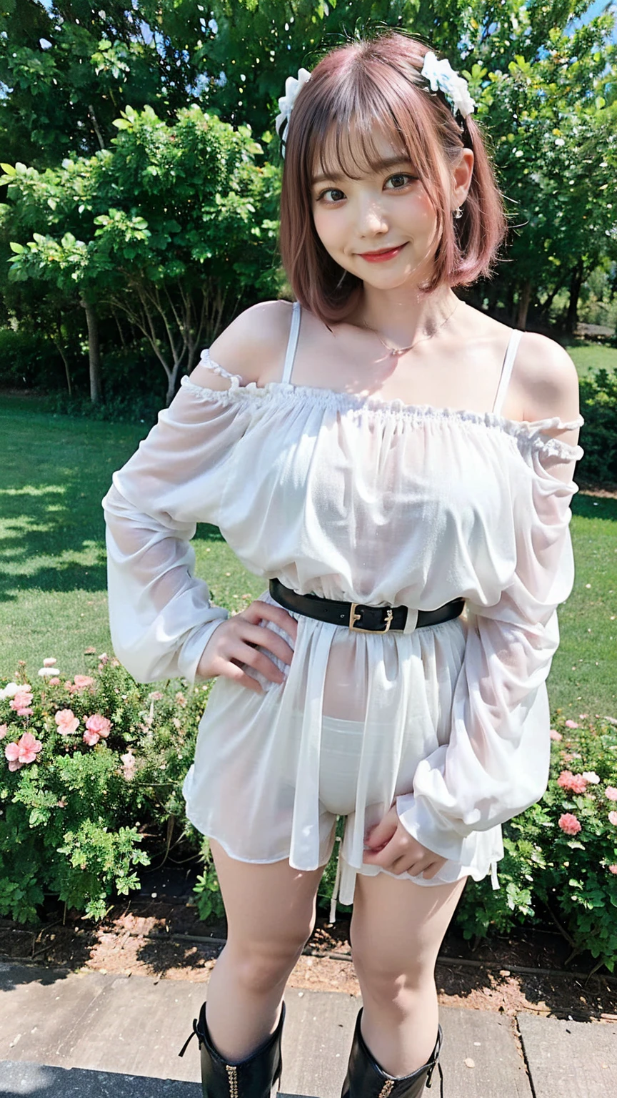 (8k、RAW Photos、highest quality、masterpiece:1.2)、(Realistic、Realistic)、1 girl、((White and black bra、smile、garden、Off the shoulder、ribbon、belt、Pink Hair、See-through、boots、Standing with hands on hips))、Lots of eyelashes、Glowing eyelids、skeletally correct