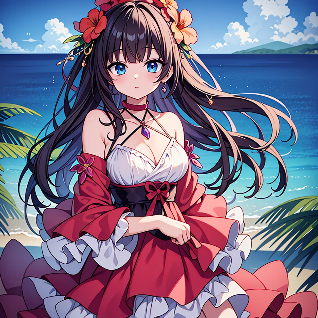 masterpiece, highest quality, High resolution, High resolution, An expensive solution, High resolution, 4K, 8k, unity 8k wallpaper, High resolution CG, masterpiece, Genuine, 2D, 3D, Beautiful details, depth, Fine texture, Great quality: 1.3 , Create an anime-style illustration of a character wearing a gorgeous Hawaiian dress adorned with flowers and jewels。, Perfect focus and bright night beach background. Draw a close-up of the upper body. {{The dress should have multiple layers and special ruffles, It is embedded with gemstones of various colors.. }} , The character&#39;s pink hair、It should be long and flowing to show off the intricate design of the dress.。. The cityscape at night is vibrant. The streets are lit up in different colors、The area is bustling with lights that tell the tale of a vibrant nightlife。. The light from the building is reflected on the water..With a smile