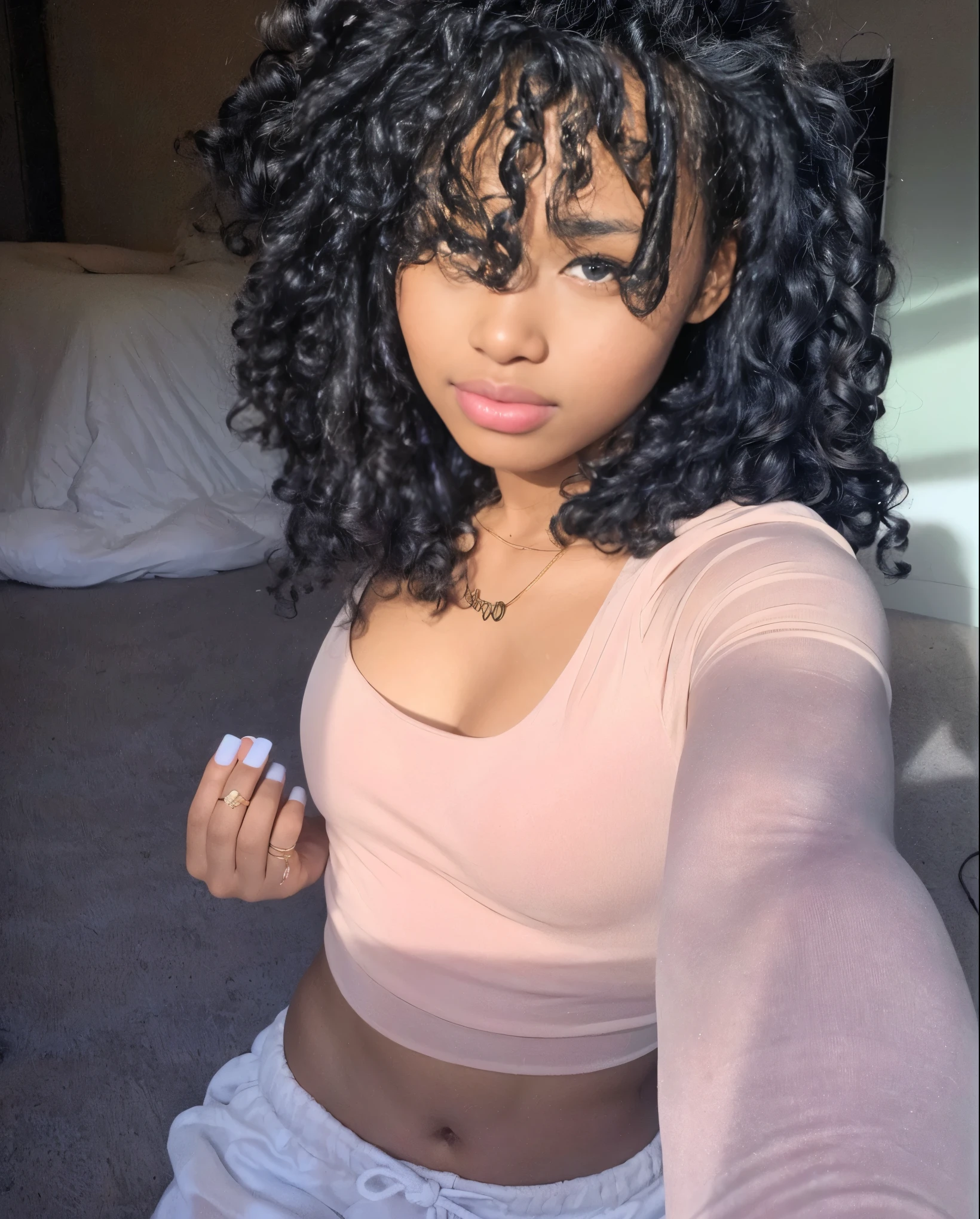 a beautiful teenager ( - 18 years ol, light-skinned African woman. She should have a well-formed, curvy body and full, luscious lips. Her face should be strikingly beautiful with prominent, captivating features. Her hair can be styled in natural curls or a sleek