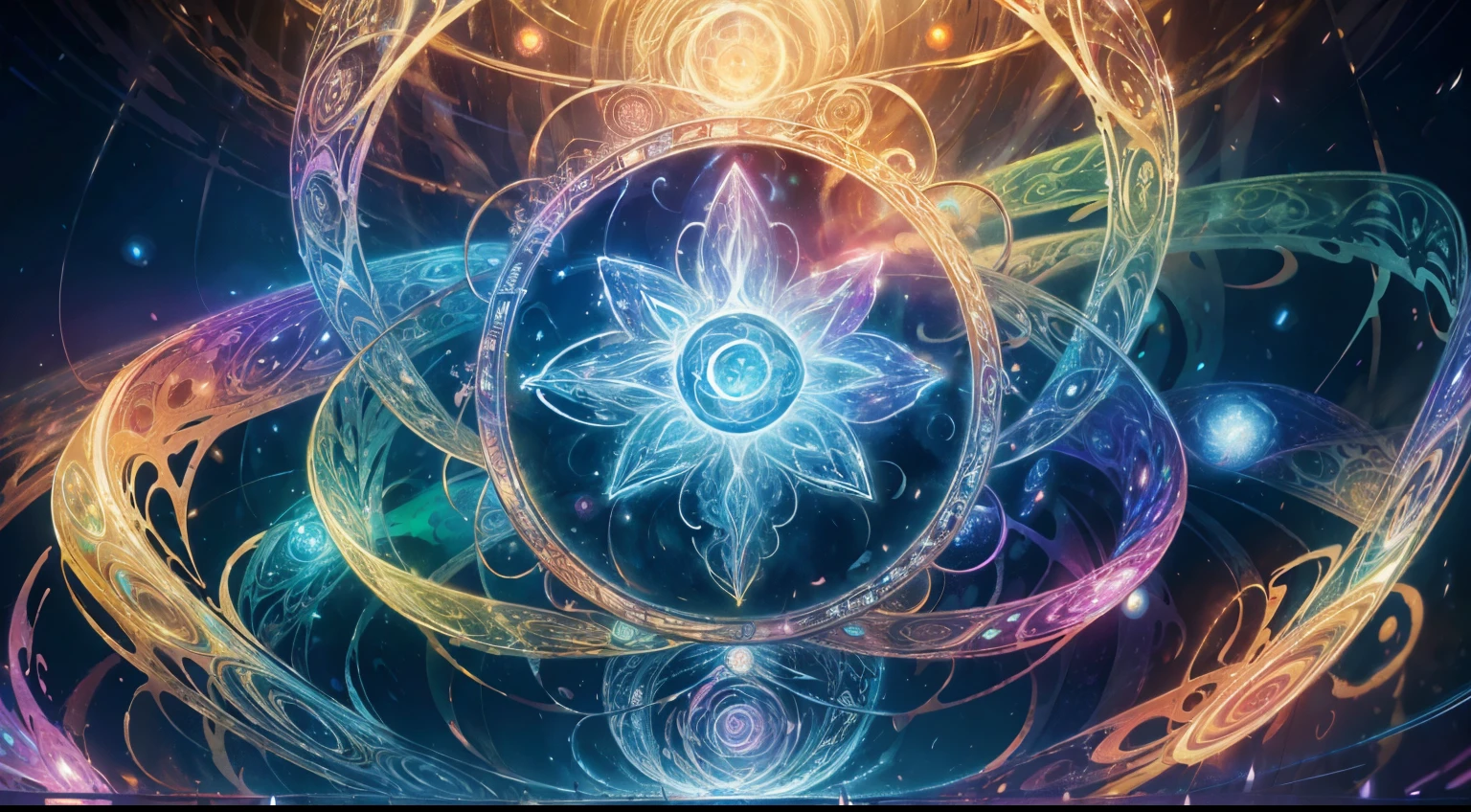 artdecoai, Tangled and twisted, Rainbow braided ribbon, Fractal energy waves spiral around the soul vessel., Glowing plasma particles in a nebula in front of a crystal mandala, Money, Silver and ivory colors