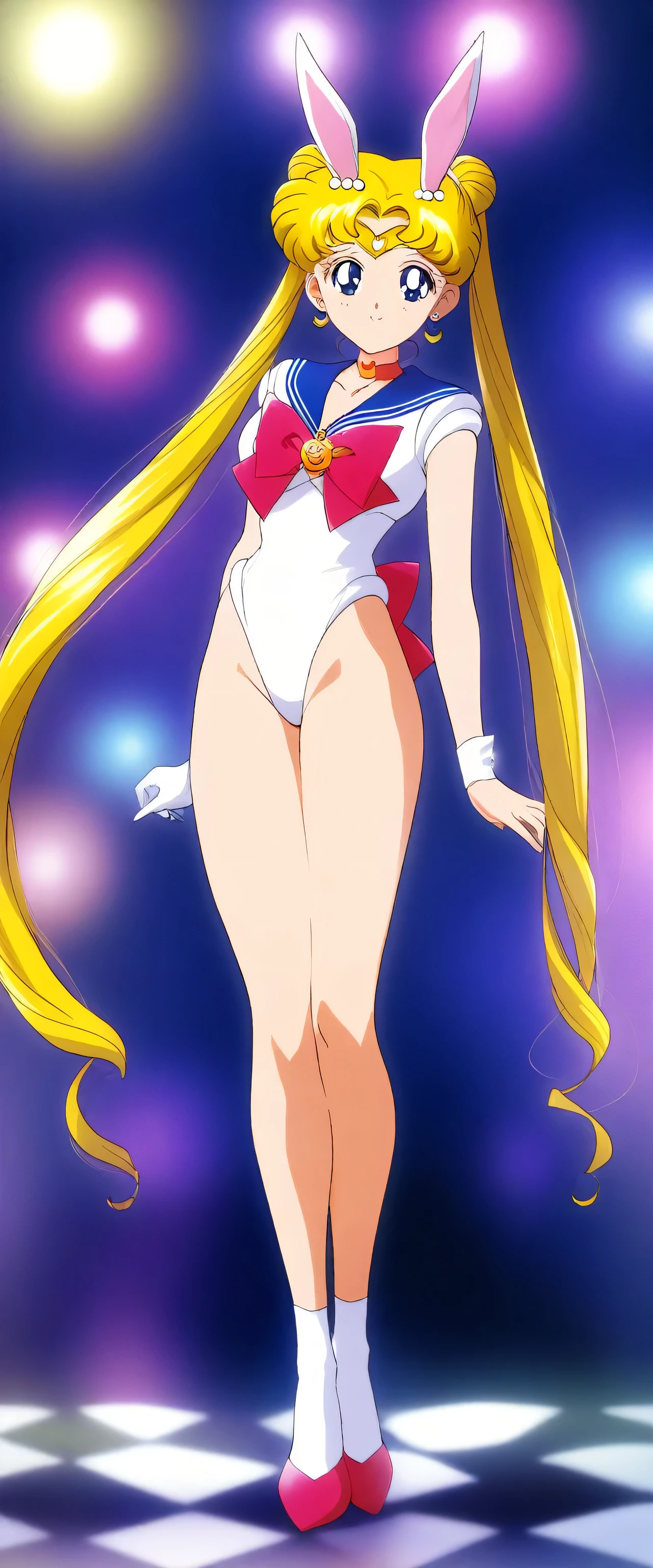 1girl, tsukino usagi, bishoujo senshi sailor moon, aausagi, masterpiece, best quality, very aesthetic, absurdres, full body shot, Bunny girl costume, detailed highest part of bunny ears, night club, focus on bunny's ears