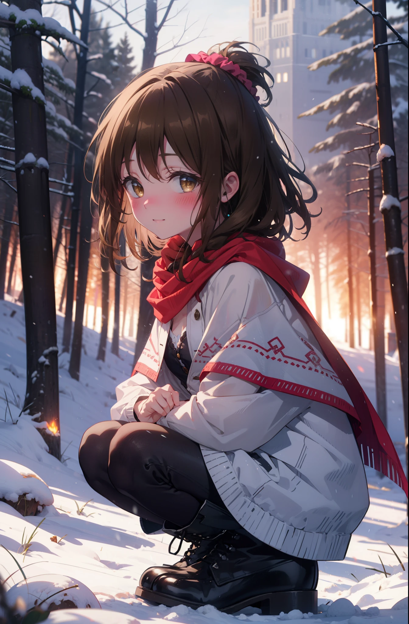 Follow Us, Yuki mandarin orange, (Brown eyes:1.5), Brown Hair, hair ornaments, hair Scrunchie, Long Hair, pink Scrunchie, Scrunchie, (Flat Chest:1.2),smile,,smile,blush,White Breath,
Open your mouth,snow,Ground bonfire, Outdoor, boots, snowing, From the side, wood, suitcase, Cape, Blurred, , forest, White handbag, nature,  Squat, Mouth closed, Cape, winter, Written boundary depth, Black shoes, red Cape break looking at viewer, Upper Body, whole body, break Outdoor, forest, nature, break (masterpiece:1.2), highest quality, High resolution, unity 8k wallpaper, (shape:0.8), (Beautiful and beautiful eyes:1.6), Highly detailed face, Perfect lighting, Extremely detailed CG, (Perfect hands, Perfect Anatomy),