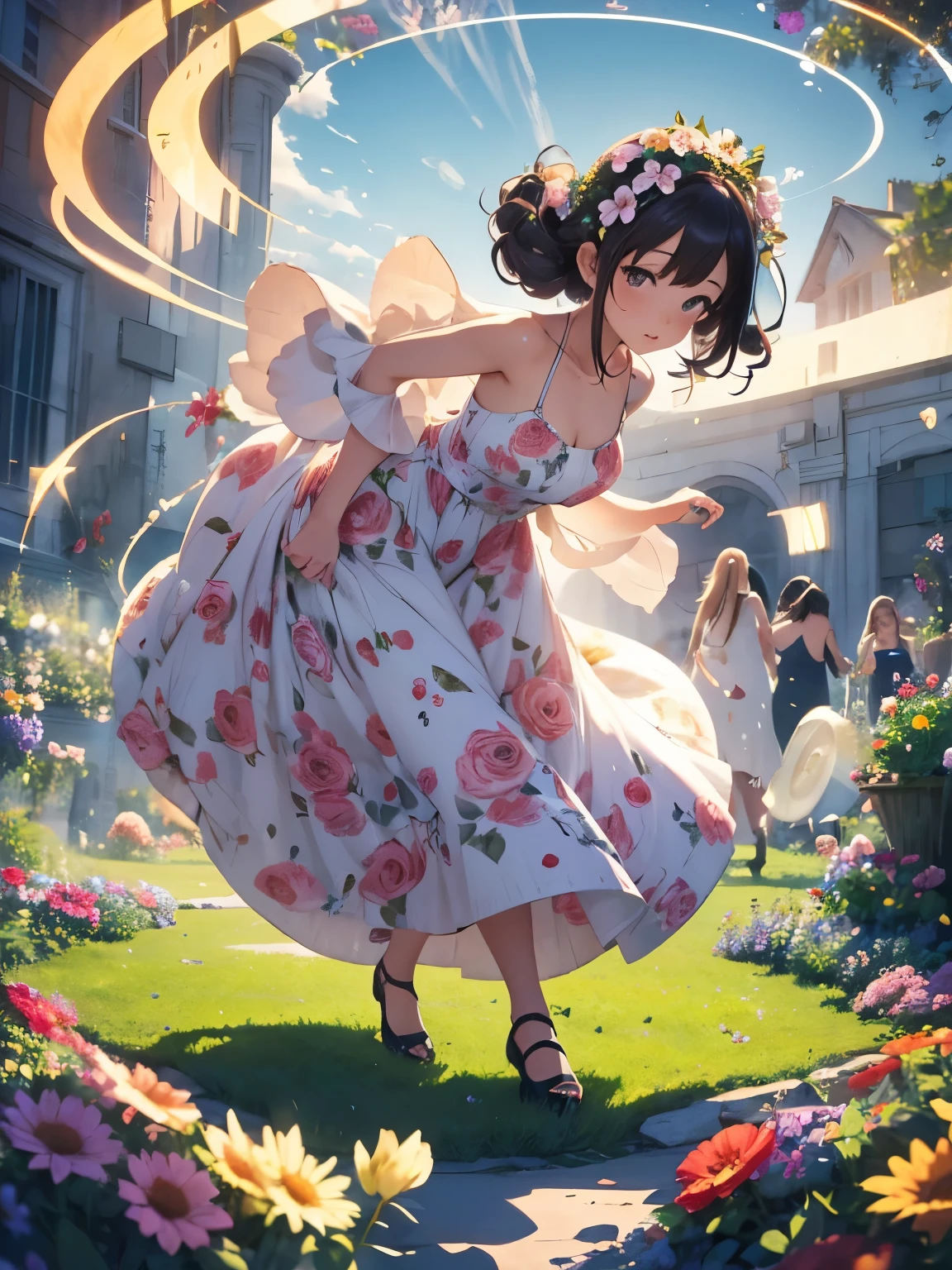 In a garden full of flowers, In sunlight, A person in a floral dress is dancing, (((Circular hair movement, Dressing up in a circle)))