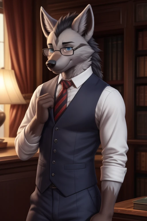 barlitz, blue eyes, (pose:1.3), (soft shading), 4k, hi res, ((detailed face, detailed)), by zackarry911, by zaush, (by personalami:0.5), male poochyena wearing a collared shirt and a necktie, skinny, nerd glasses, submissive, blushing,cute male poochyena, mightyena, young adult, nerdy