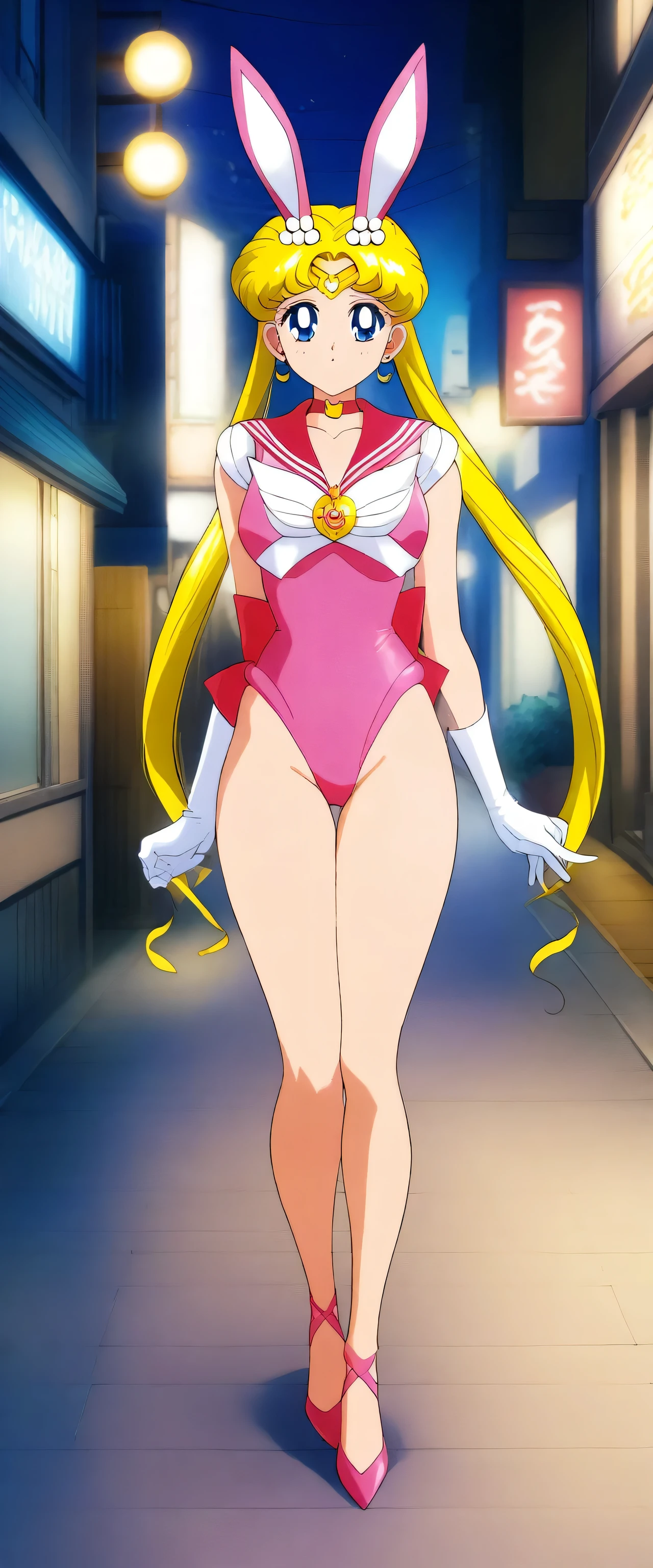 1girl, tsukino usagi, bishoujo senshi sailor moon, aausagi, masterpiece, best quality, very aesthetic, absurdres, full body shot, Bunny girl costume, detailed highest part of bunny ears, night street, focus on bunny's ears