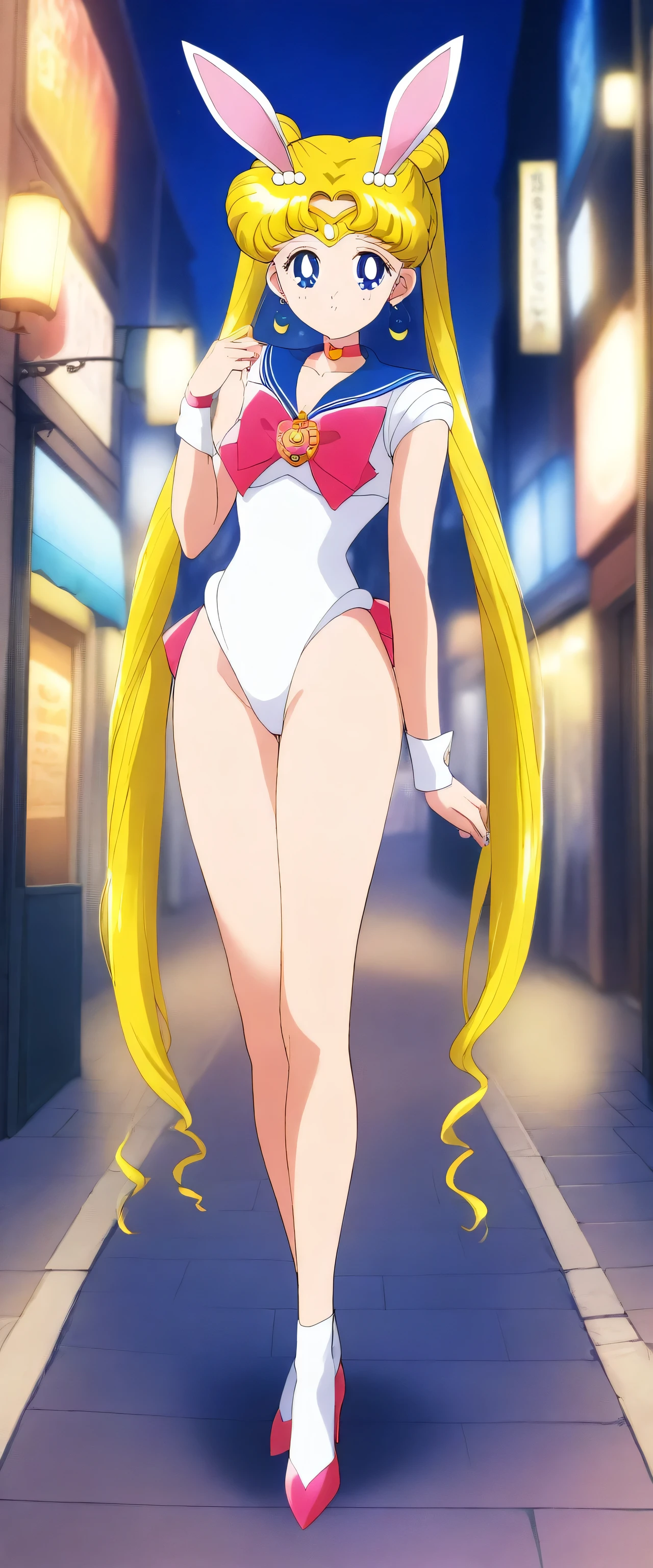 1girl, tsukino usagi, bishoujo senshi sailor moon, aausagi, masterpiece, best quality, very aesthetic, absurdres, full body shot, Bunny girl costume, detailed highest part of bunny ears, night street, focus on bunny's ears