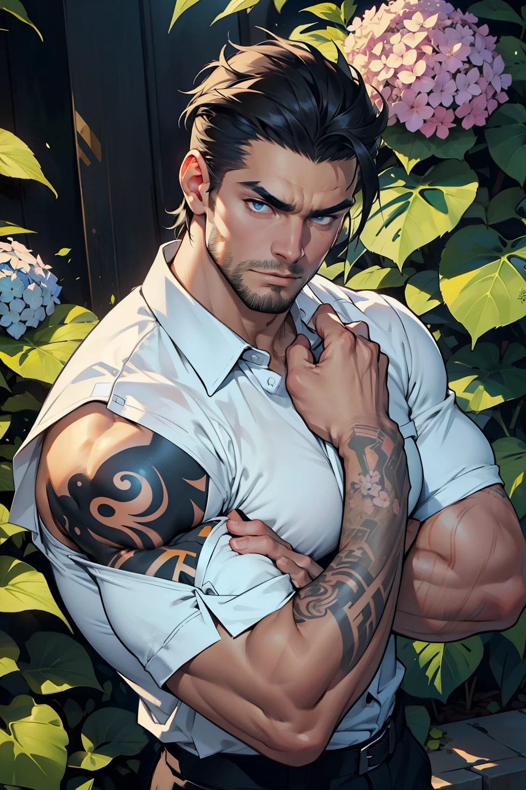 "Masterpiece, 4K, High Resolution, Ultra-Detailed Imagery (1.2): A man with a muscular physique, his body adorned with a striking hydrangea totem tattoo that sprawls across his expansive shoulder and down his arm. His stubble accentuates his strong jawline, while his thick eyebrows furrow slightly, giving him an air of intensity. His matured face is hyper-detailed, framed by short, slicked-back hair (1.2). His eyes, large and piercing, are ultra-detailed, their gaze fixed on something beyond the image's frame. He wears a simple, open white shirt,