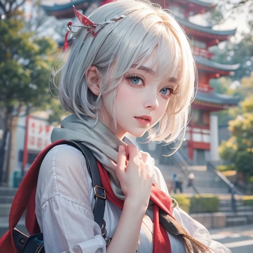 (Highest quality, masterpiece:1.3), shape, ((Beautifully detailed face)), Beautiful and detailed skin, Intricate details, Very detailed, Best image quality in 8K,Fantasy,A world of swords and magic,ファイナルFantasy,(White Mage:1.5), (18-year-old female:) (Large Breasts:1.2),Japanese girl,Baby Face,(Detailed Hair,Bobcut:1.6,Platinum Blonde Hair,Gray Hair),Detailed lips,Open your mouth,blush,Embarrassing,(Long Shot), Realistic Face,Realistic Skin,(Vibrant Skin,Moisturized Skin:1.2),Vivid lips,Lip gloss