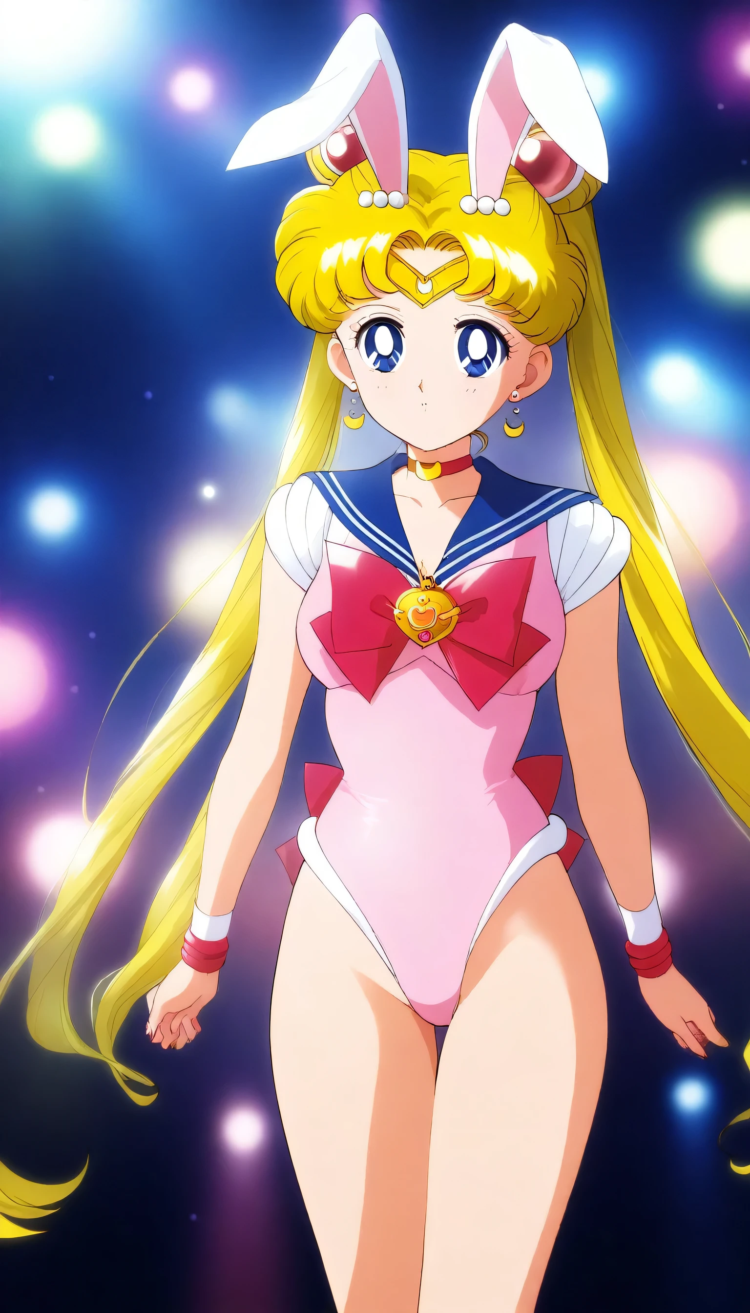 1girl, tsukino usagi, bishoujo senshi sailor moon, aausagi, masterpiece, best quality, very aesthetic, absurdres, full body shot, Bunny girl costume, detailed highest part of bunny ears, night club, focus on bunny's ears