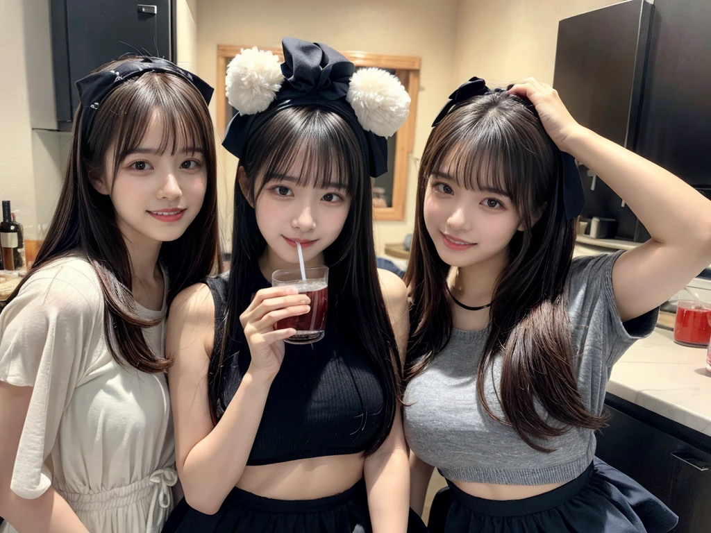Best-quality, Masterpiece, Ultra-High-Resolution, (Photorealistic:1.4), Raw-Photo, Extremely-Details, 

(((photo of 3-girls having a lot of fun at home drinking party))), 

the most popular Japanese idols, all 15-years-old, all extremely cute faces, huge breasts, all extremely beautiful big black solid circle eyes, all extremely beautiful hair, all high on cocaine, all wearing clothes with cute design