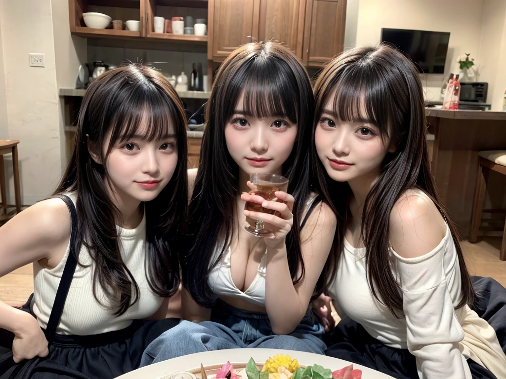 Best-quality, Masterpiece, Ultra-High-Resolution, (Photorealistic:1.4), Raw-Photo, Extremely-Details, 

(((photo of 3-girls having a lot of fun at home drinking party))), 

the most popular Japanese idols, all -yeld, alxtremely cute faces, huge breasts, all extremely beautiful big black solid circle eyes, all extremely beautiful hair, all high on cocaine, all wearing clothes with cute design