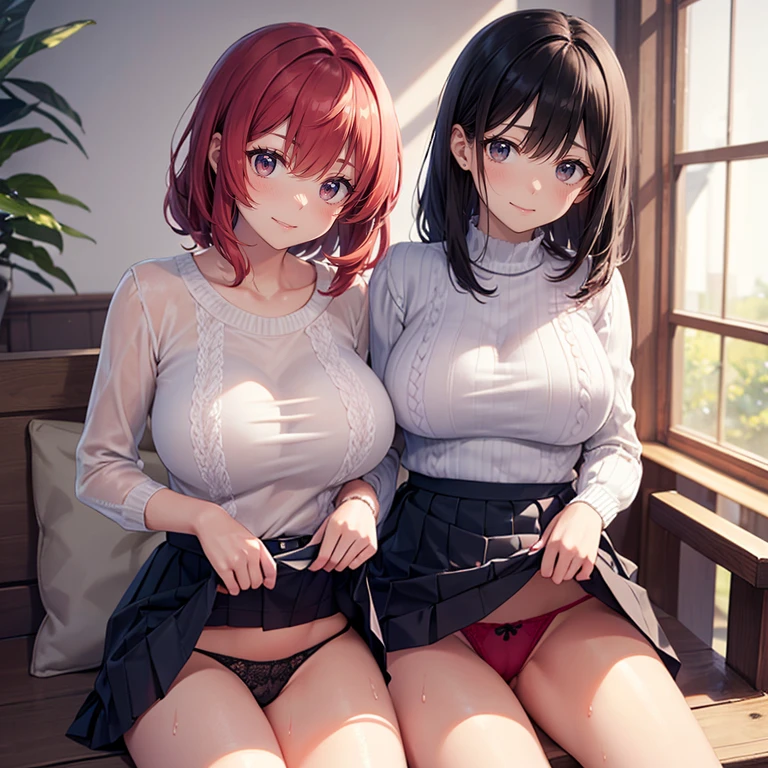 (highest quality), Super detailed), (Ultra High Resolution 8K), High-definition facial beauty, ((Skirt Lift)), Two cute smiling girls, (Big Breasts), Detailed knitwear showing red see-through panties , (Blushing, Embarrassing), Very hot day, Shade, ((Sit down and seduce)), Wet see-through panties