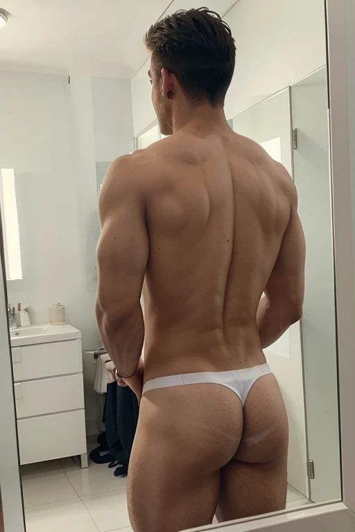 A Handsome hot gay man without shirt and without underwear with White colour skin, clean shave and standing in the front of mirror looking at the back