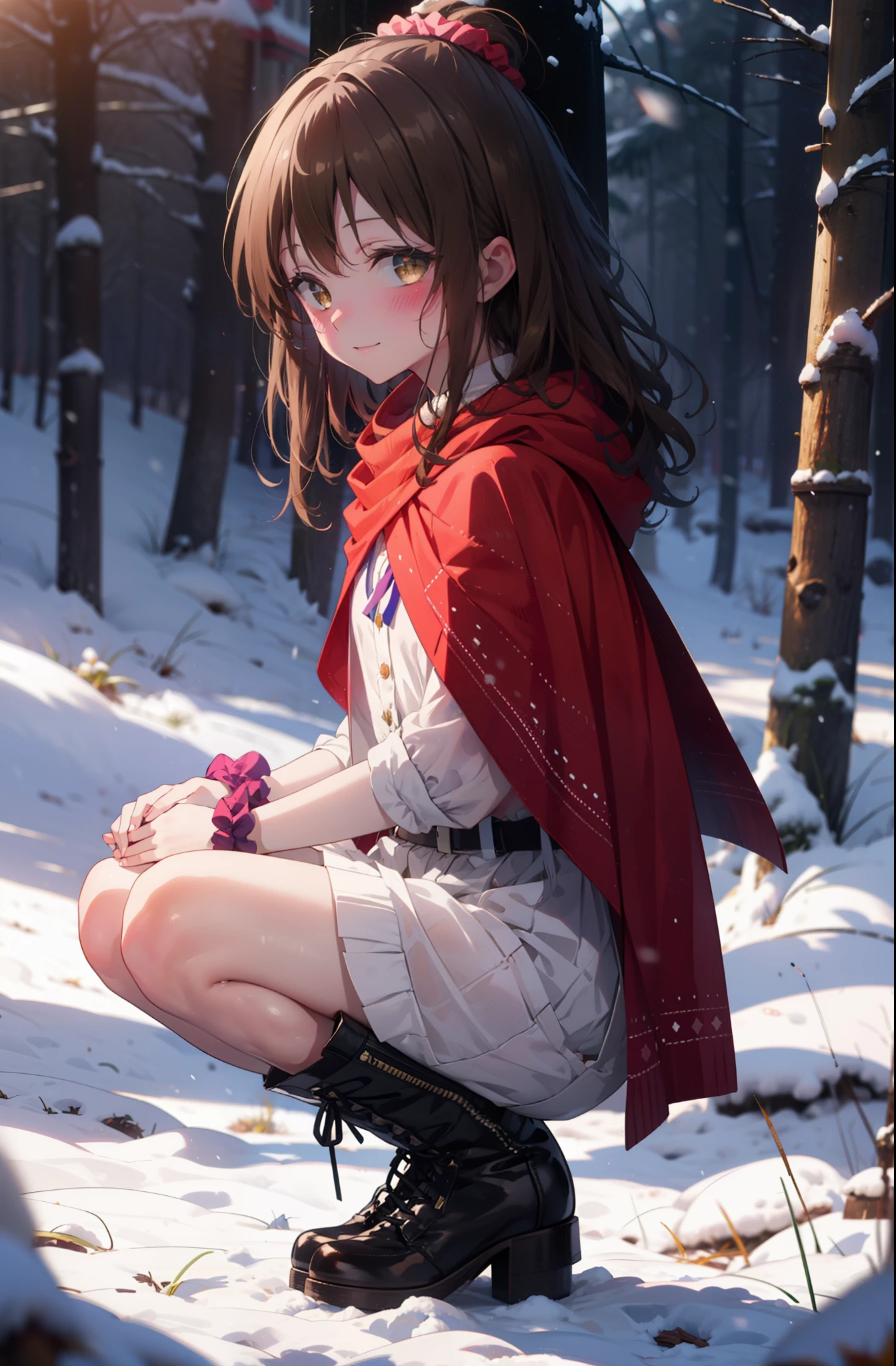 Follow Us, Yuki mandarin orange, (Brown eyes:1.5), Brown Hair, hair ornaments, hair Scrunchie, Long Hair, pink Scrunchie, Scrunchie, (Flat Chest:1.2),smile,,smile,blush,White Breath,
Open your mouth,snow,Ground bonfire, Outdoor, boots, snowing, From the side, wood, suitcase, Cape, Blurred, , forest, White handbag, nature,  Squat, Mouth closed, Cape, winter, Written boundary depth, Black shoes, red Cape break looking at viewer, Upper Body, whole body, break Outdoor, forest, nature, break (masterpiece:1.2), highest quality, High resolution, unity 8k wallpaper, (shape:0.8), (Beautiful and beautiful eyes:1.6), Highly detailed face, Perfect lighting, Extremely detailed CG, (Perfect hands, Perfect Anatomy),