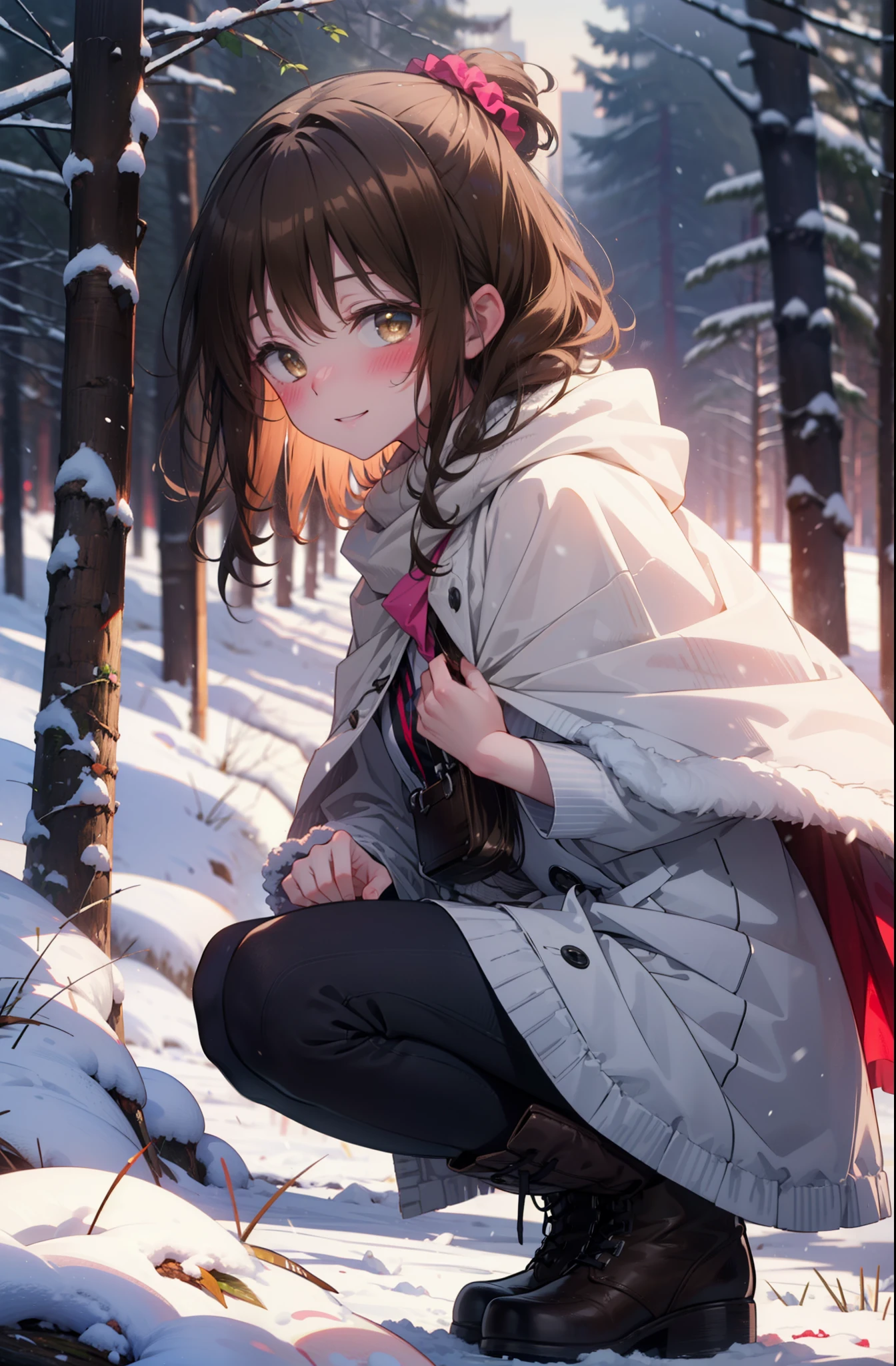 Follow Us, Yuki mandarin orange, (Brown eyes:1.5), Brown Hair, hair ornaments, hair Scrunchie, Long Hair, pink Scrunchie, Scrunchie, (Flat Chest:1.2),smile,,smile,blush,White Breath,
Open your mouth,snow,Ground bonfire, Outdoor, boots, snowing, From the side, wood, suitcase, Cape, Blurred, , forest, White handbag, nature,  Squat, Mouth closed, Cape, winter, Written boundary depth, Black shoes, red Cape break looking at viewer, Upper Body, whole body, break Outdoor, forest, nature, break (masterpiece:1.2), highest quality, High resolution, unity 8k wallpaper, (shape:0.8), (Beautiful and beautiful eyes:1.6), Highly detailed face, Perfect lighting, Extremely detailed CG, (Perfect hands, Perfect Anatomy),