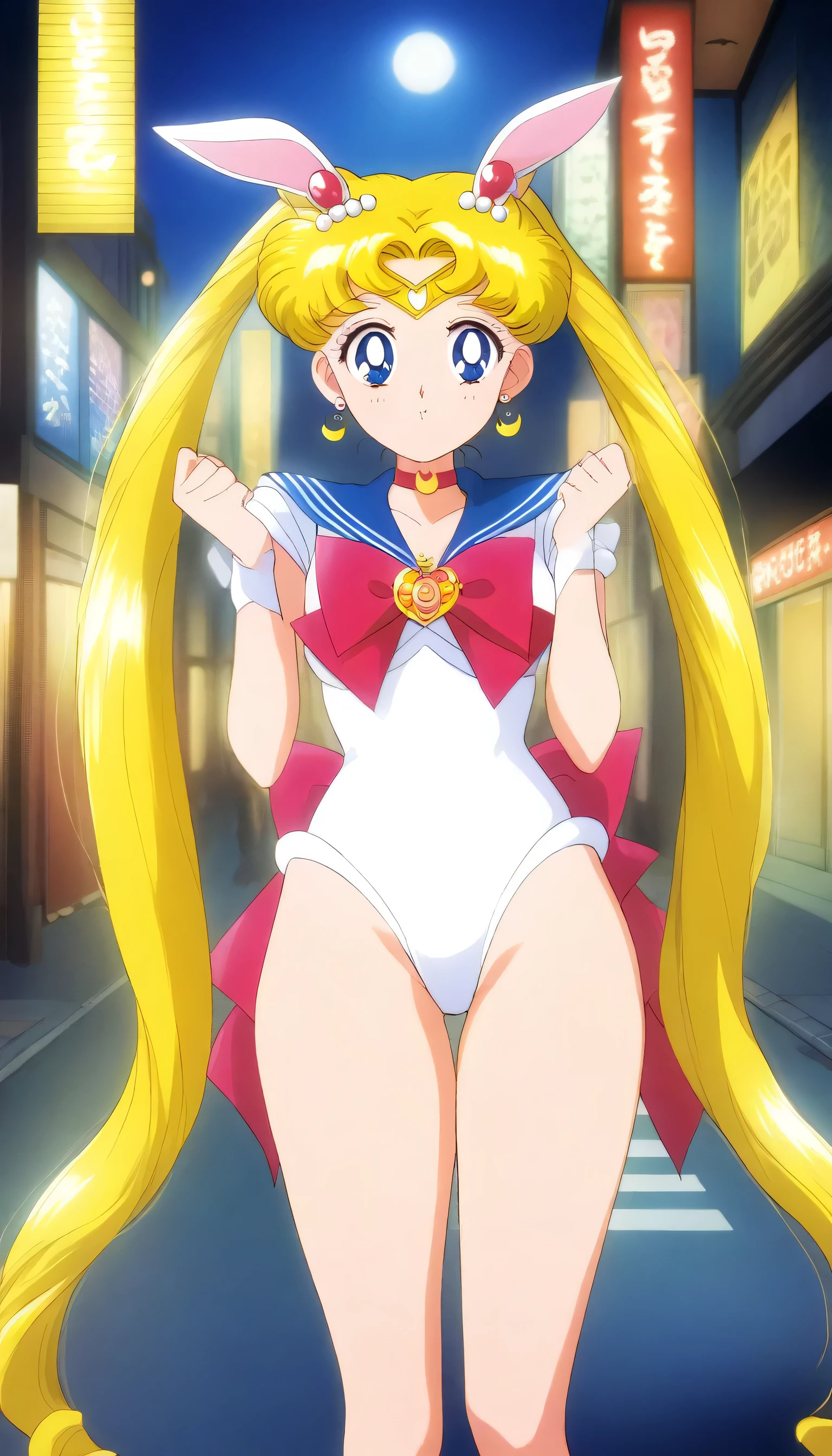 1girl, tsukino usagi, bishoujo senshi sailor moon, aausagi, masterpiece, best quality, very aesthetic, absurdres, full body shot, Bunny girl costume, detailed highest part of bunny ears, night street, focus on bunny's ears