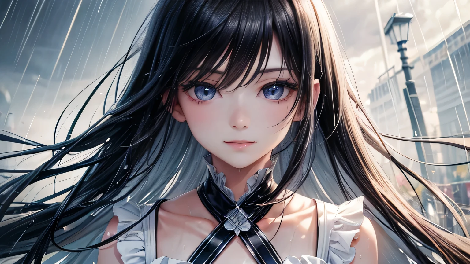 A gentle smile、woman、Beautiful long light black hair,Fashionable hairstyle,Stylish and cute white clothes,Ripped jeans,Clothes that are wet from the rain and slightly transparent,Wet Hair,rain,Weather,Ultra-high resolution, Accurate, Super detailed, Textured skin, High detail, highest quality, 8k, Detailed Hair,Detailed eyes,Focus on the face,Depict the figure from the waist up,Rainy cityscape,