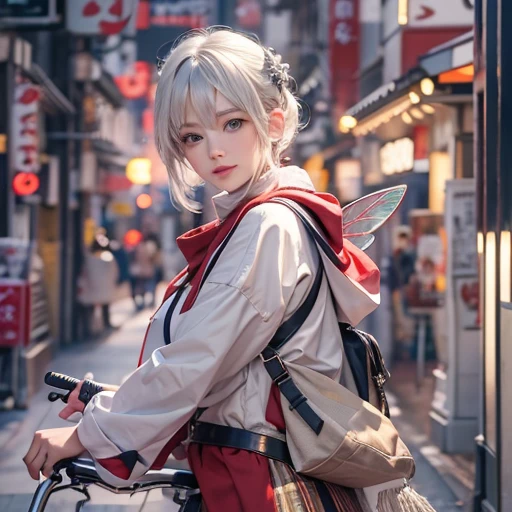 (masterpiece:1.3), (8k, Realistic, RAW Photos, Best image quality: 1.4), Fair-skinned fairy woman、short hair、Cleavage:2.0、Highly detailed face、Attention to detail、double eyelid、Sharp focus:1.2、Beautiful woman:1.4、Silvery white hair、highest quality、masterpiece、Ultra-high resolution、(Realistic:1.4)、Highly detailed and professionally lit smiles、Loose, Light, Wear Japan high school uniform:1.5、Red scarf、 one person、whole body,Cycling through Japanese cities、