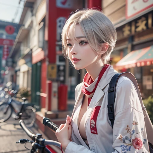 (masterpiece:1.3), (8k, Realistic, RAW Photos, Best image quality: 1.4), Fair-skinned fairy woman、short hair、Cleavage:2.0、Highly detailed face、Attention to detail、double eyelid、Sharp focus:1.2、Beautiful woman:1.4、Silvery white hair、highest quality、masterpiece、Ultra-high resolution、(Realistic:1.4)、Highly detailed and professionally lit smiles、Loose, Light, Wear Japan high school uniform:1.5、Red scarf、 one person、whole body,Cycling through Japanese cities、