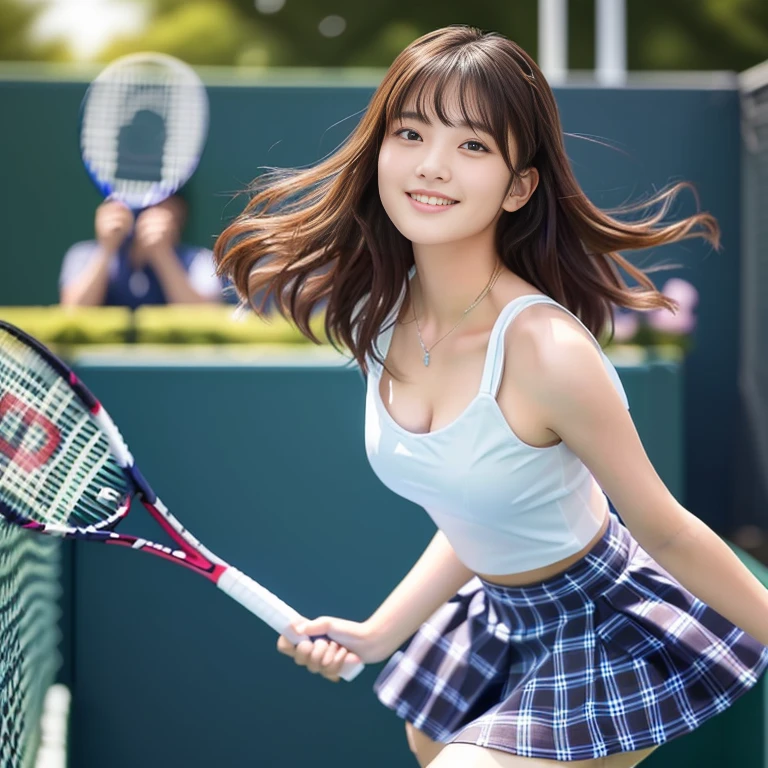 リアルな写真image quality、８ｋimage quality、２０Year-old idol playing tennis, A girl playing tennis, Tennis Wear, She is wearing a white top and a grey checked skort、Beautiful Japanese Women, Japanese Model, Detailed and beautiful eyes、Cute Smile、Soft and gentle expression、looking at the camera