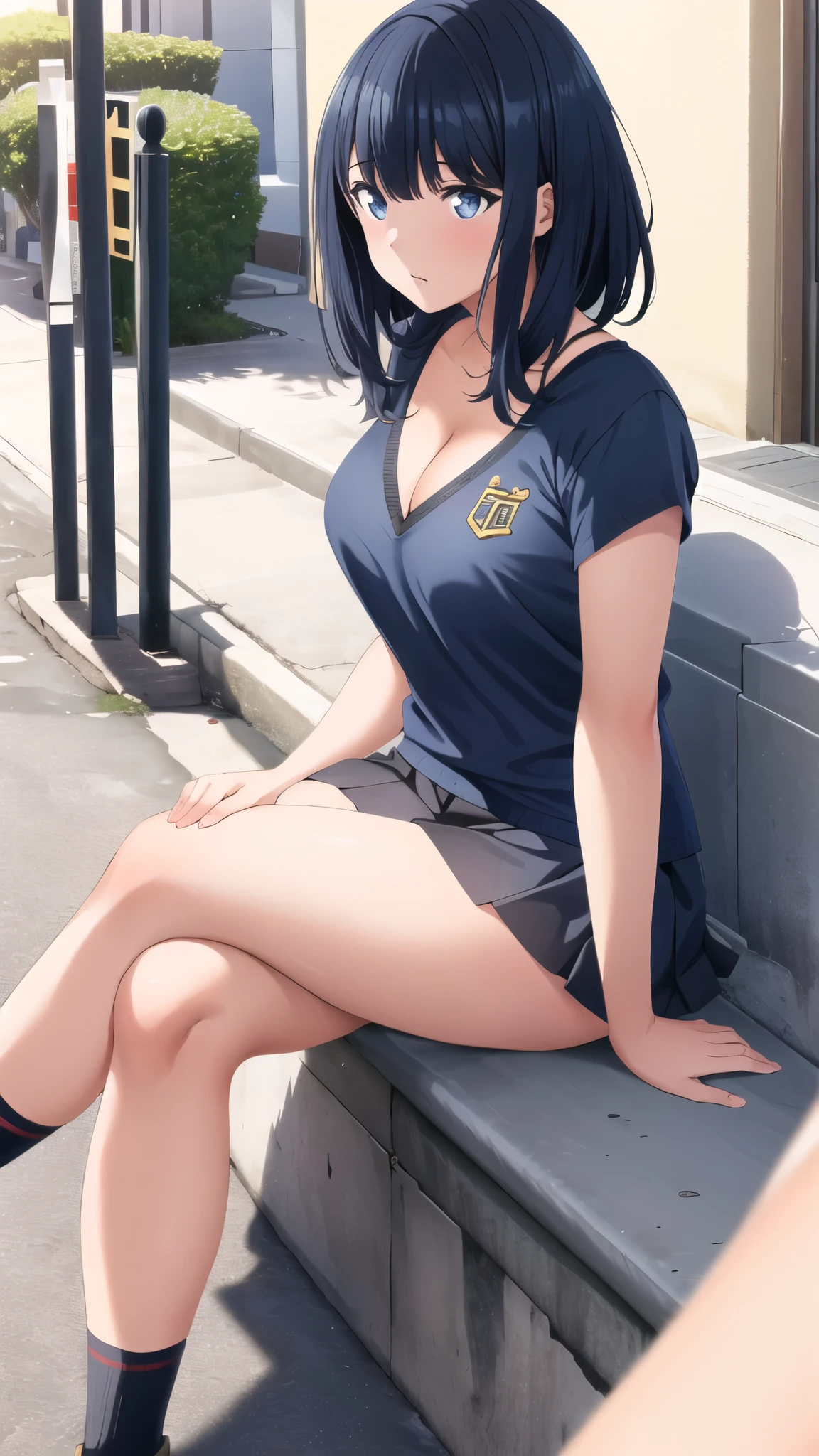 cleavage,masterpiece, best quality,1girl,highres,rikka,takarada rikka,bangs, , short sleeves, street,crossed legs, pleated skirt,