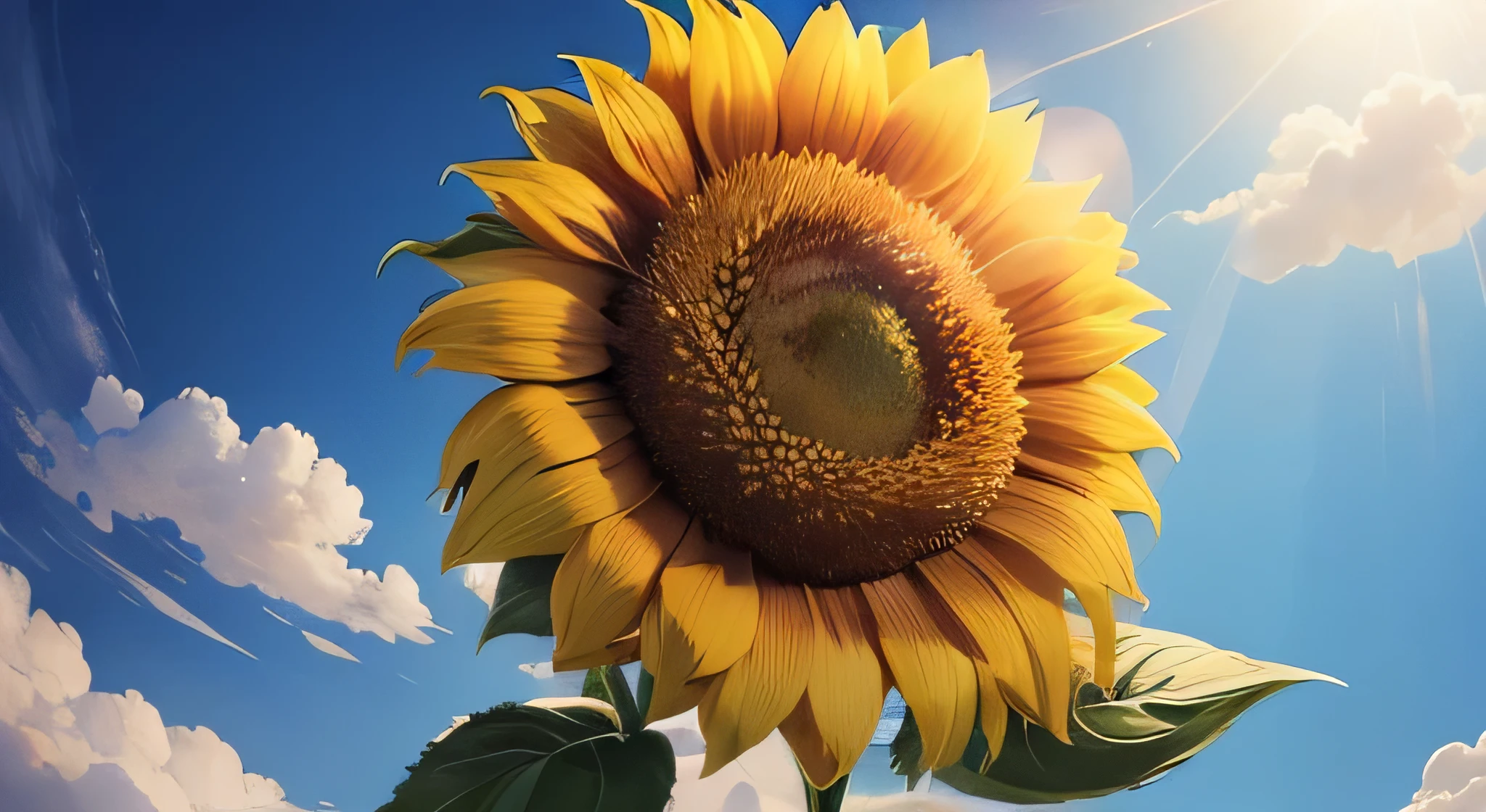 sunflower、Sunflower flower、Blue sky background、8K、highest quality、Realistic、Looking up from below、Very delicate flower、